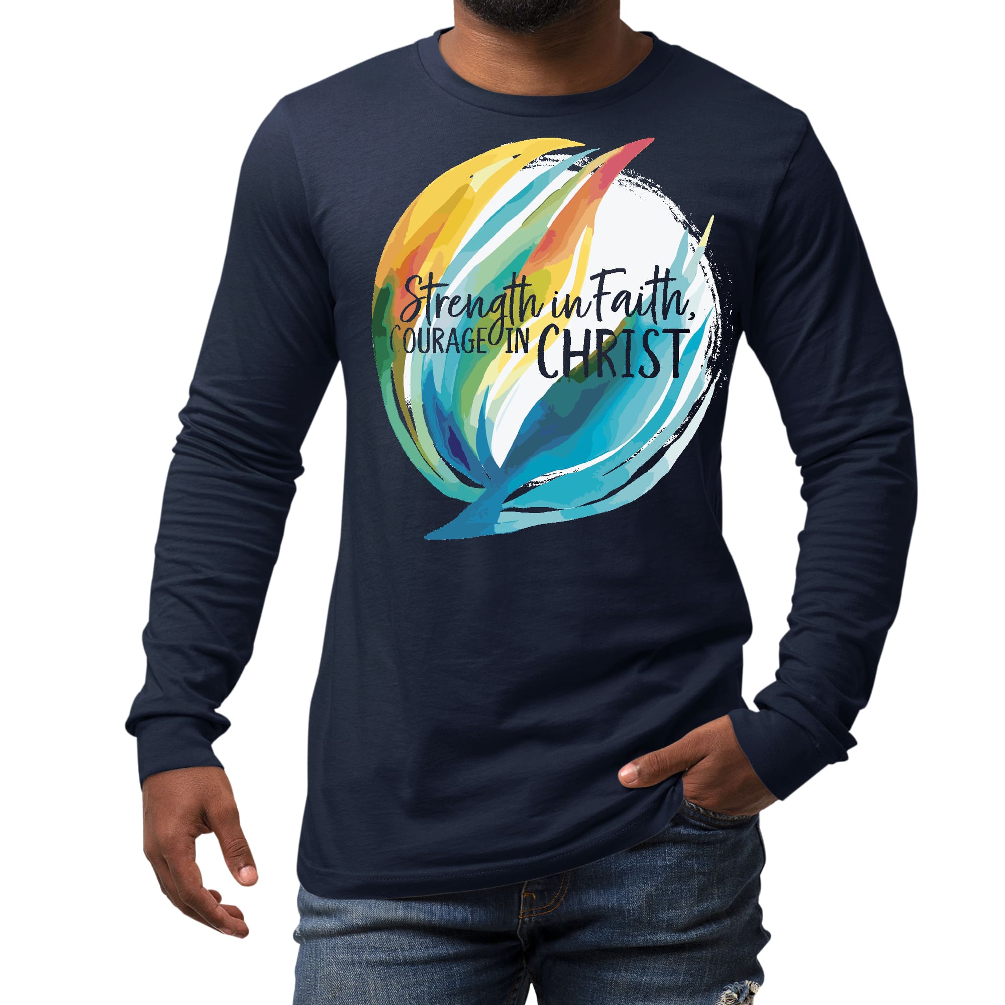 Men's Long Sleeve Graphic T-shirt with 'Strength in Faith, Courage in Christ' design, showcasing vibrant colors and comfortable fit.