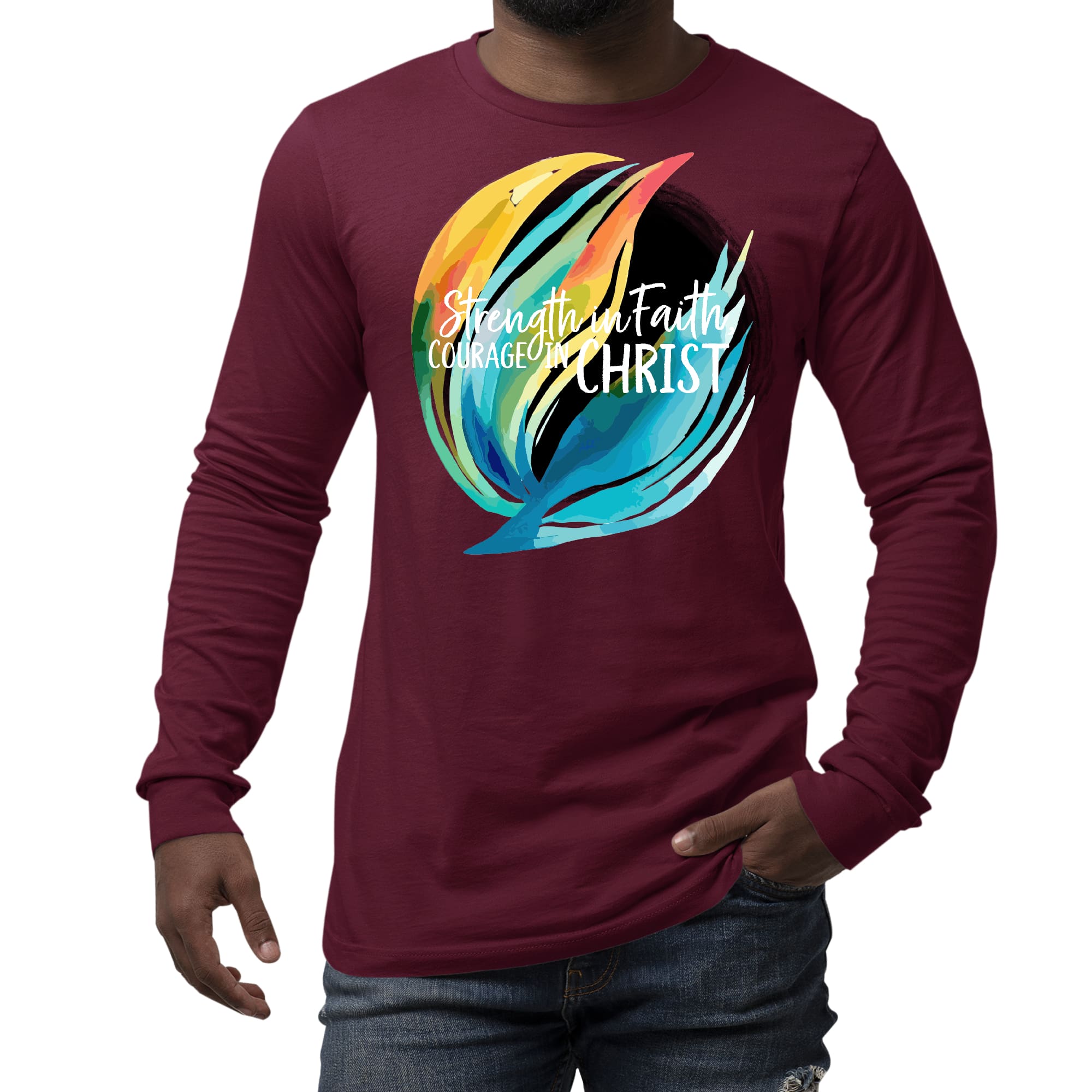 Men's Long Sleeve Graphic T-shirt with 'Strength in Faith, Courage in Christ' design, showcasing vibrant colors and comfortable fit.