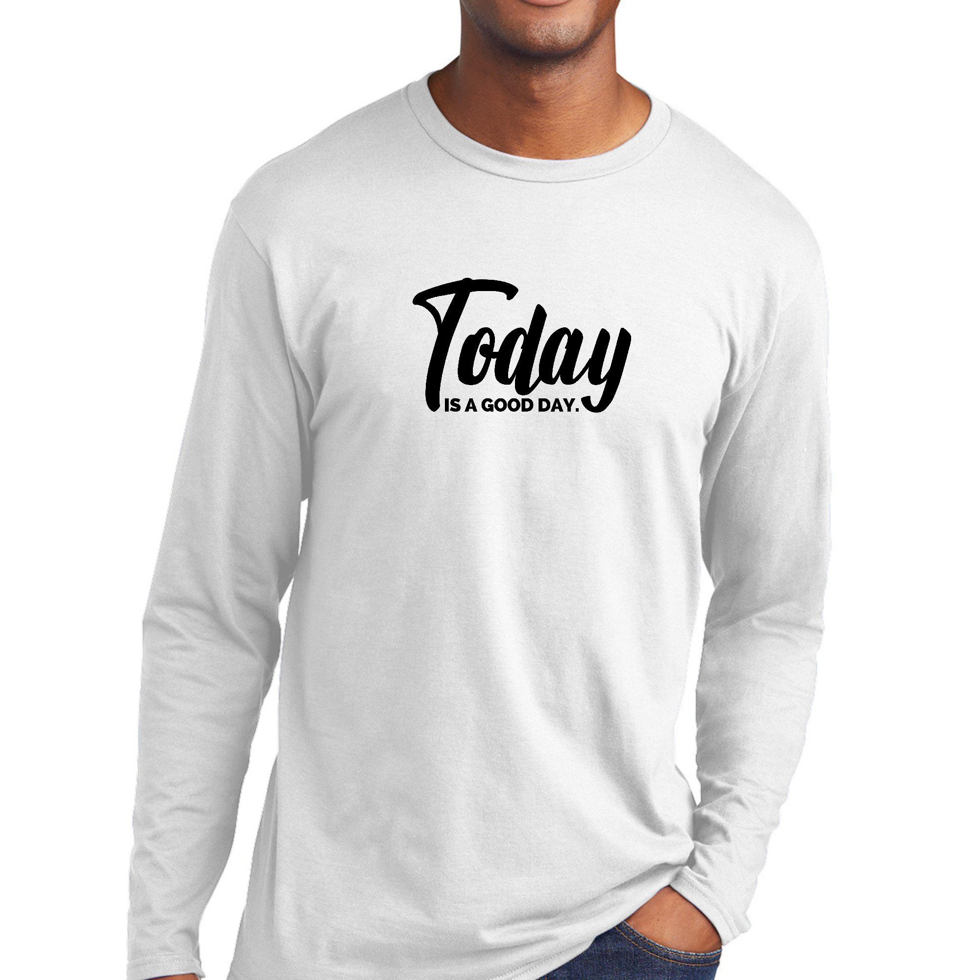 Men's Long Sleeve Graphic T-shirt in black featuring the phrase 'Today is a Good Day' printed on the front, showcasing a comfortable and stylish design.