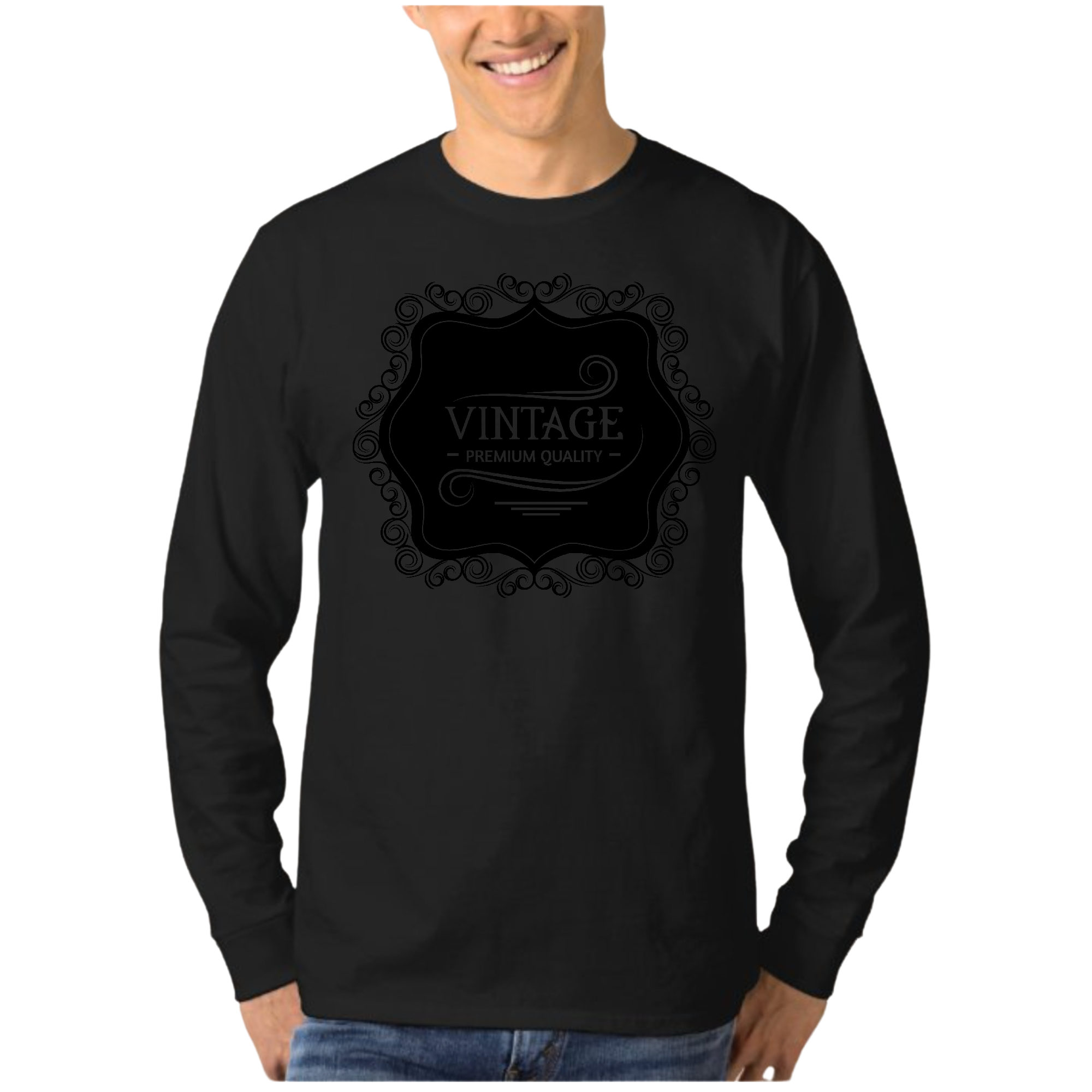 Men's Long Sleeve Graphic T-shirt in vintage black, showcasing a stylish graphic design and soft cotton fabric.