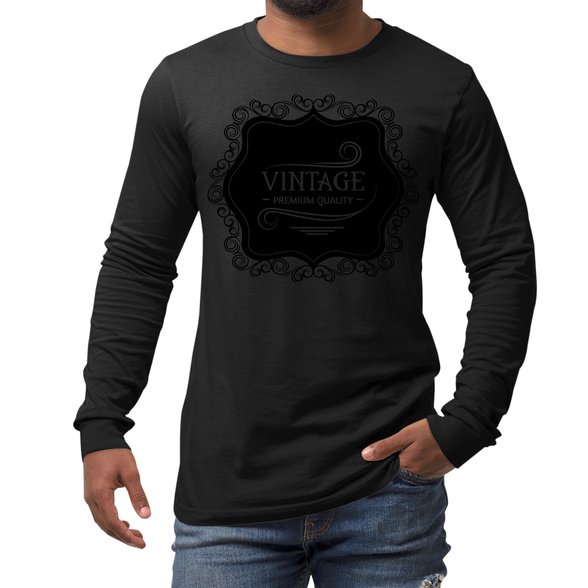 Men's Long Sleeve Graphic T-shirt in vintage black, showcasing a stylish graphic design and soft cotton fabric.