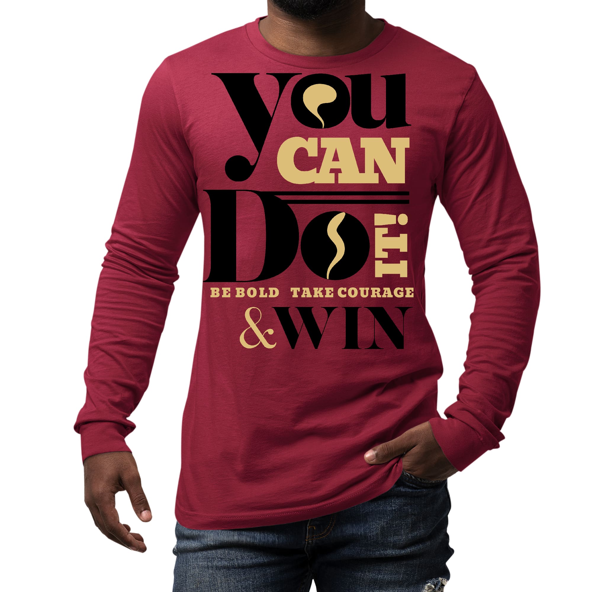 Men's Long Sleeve Graphic T-shirt in black featuring the motivational text 'You Can Do It, Be Bold, Take Courage'. Made from soft preshrunk cotton.