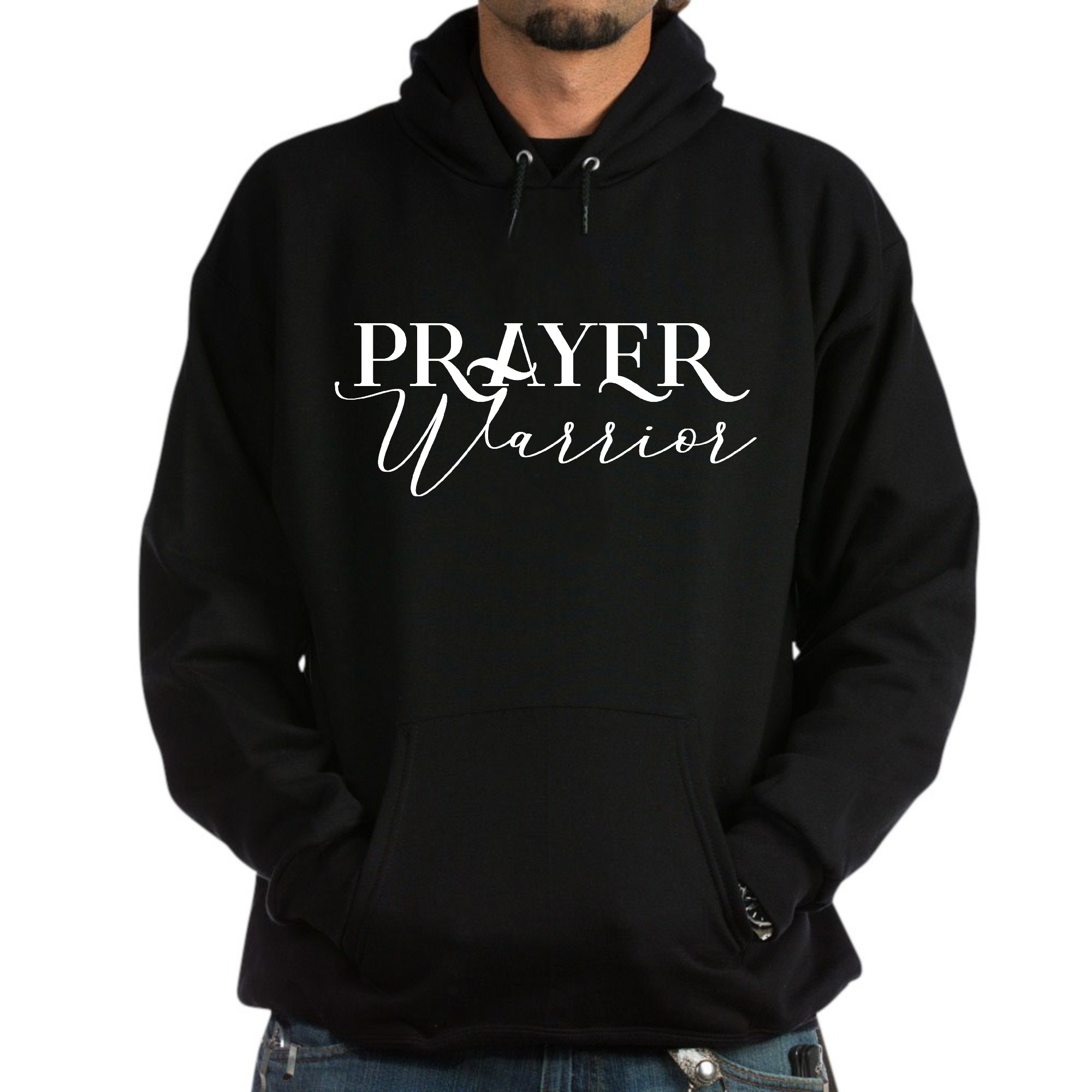 Men's long sleeve hoodie featuring a Prayer Warrior graphic design, made from soft cotton-polyester blend.