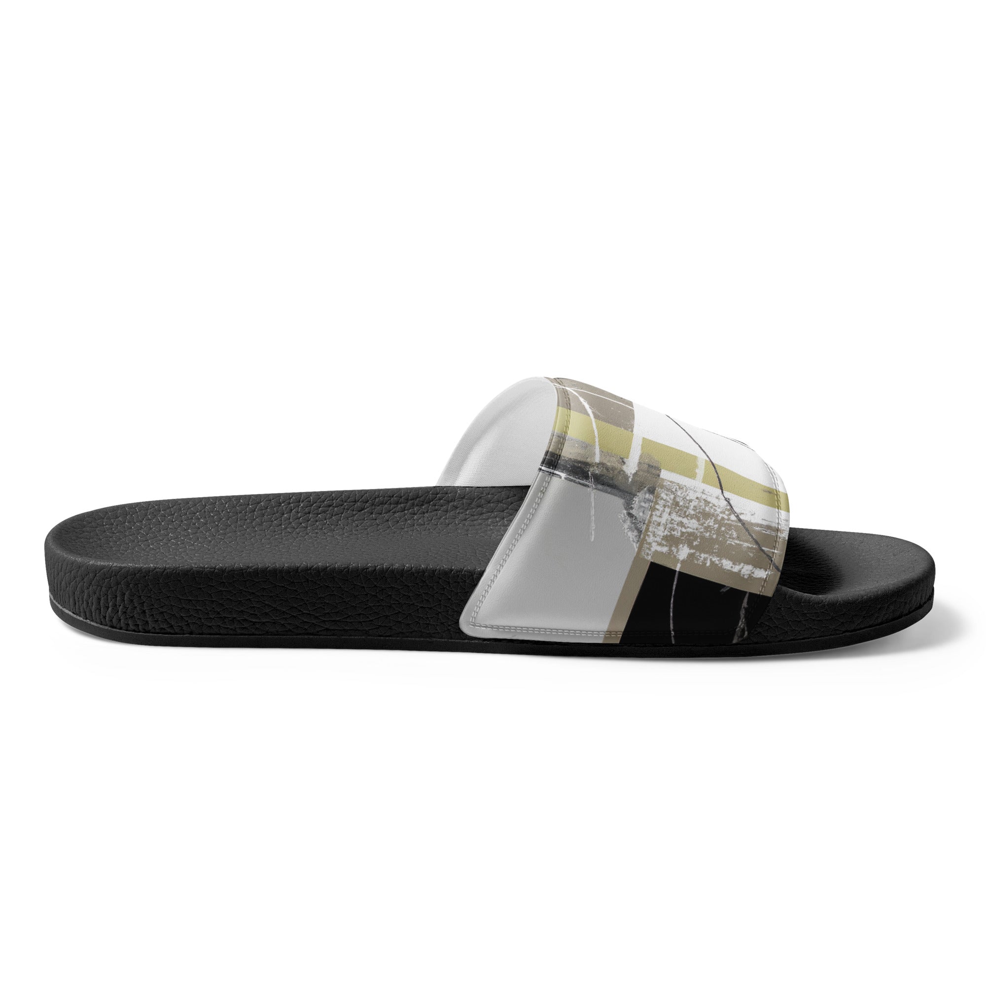 Men's slide sandals featuring an abstract black, brown, and beige geometric design, perfect for summer wear.