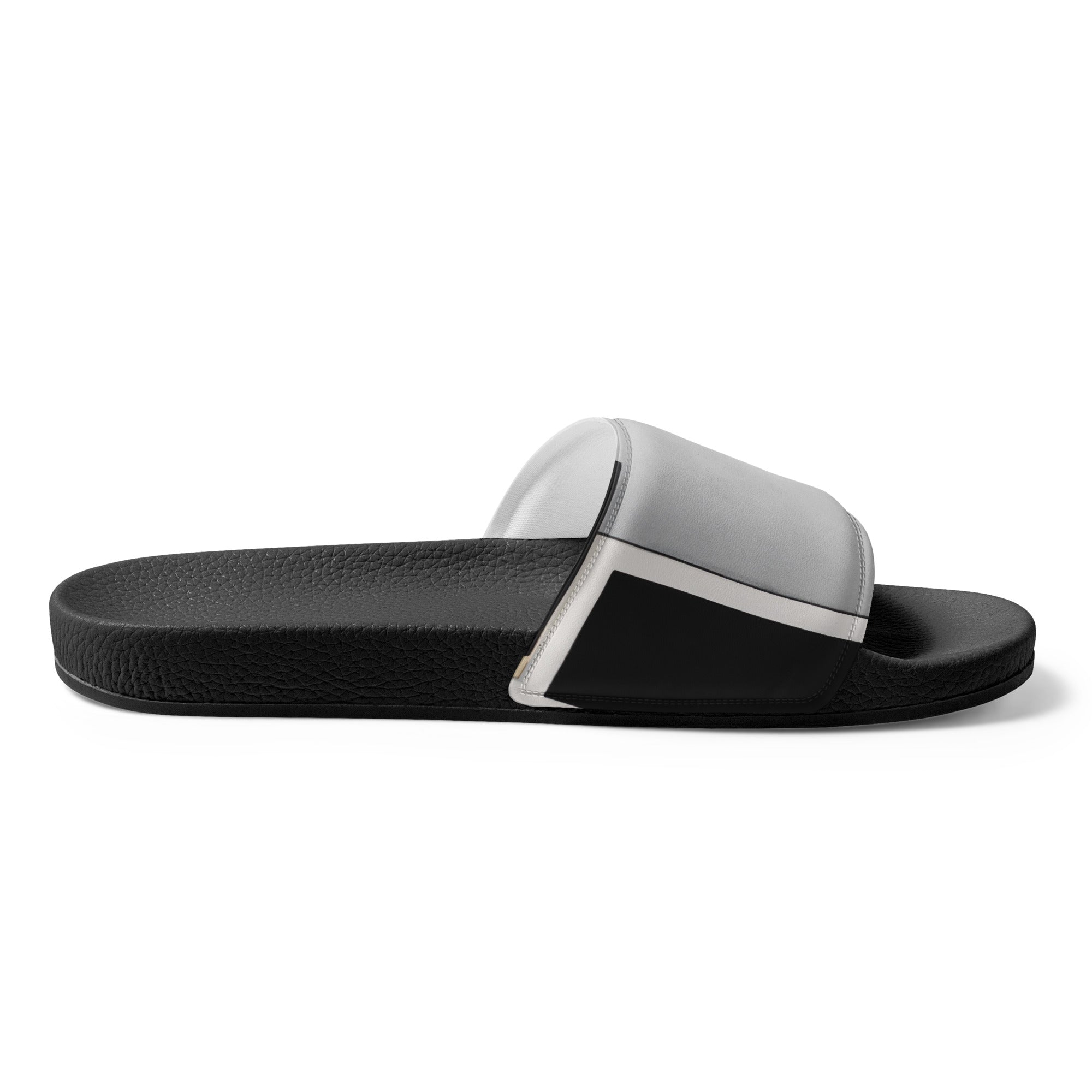 Men's slide sandals featuring an abstract black, grey, and brown geometric design, perfect for summer wear.