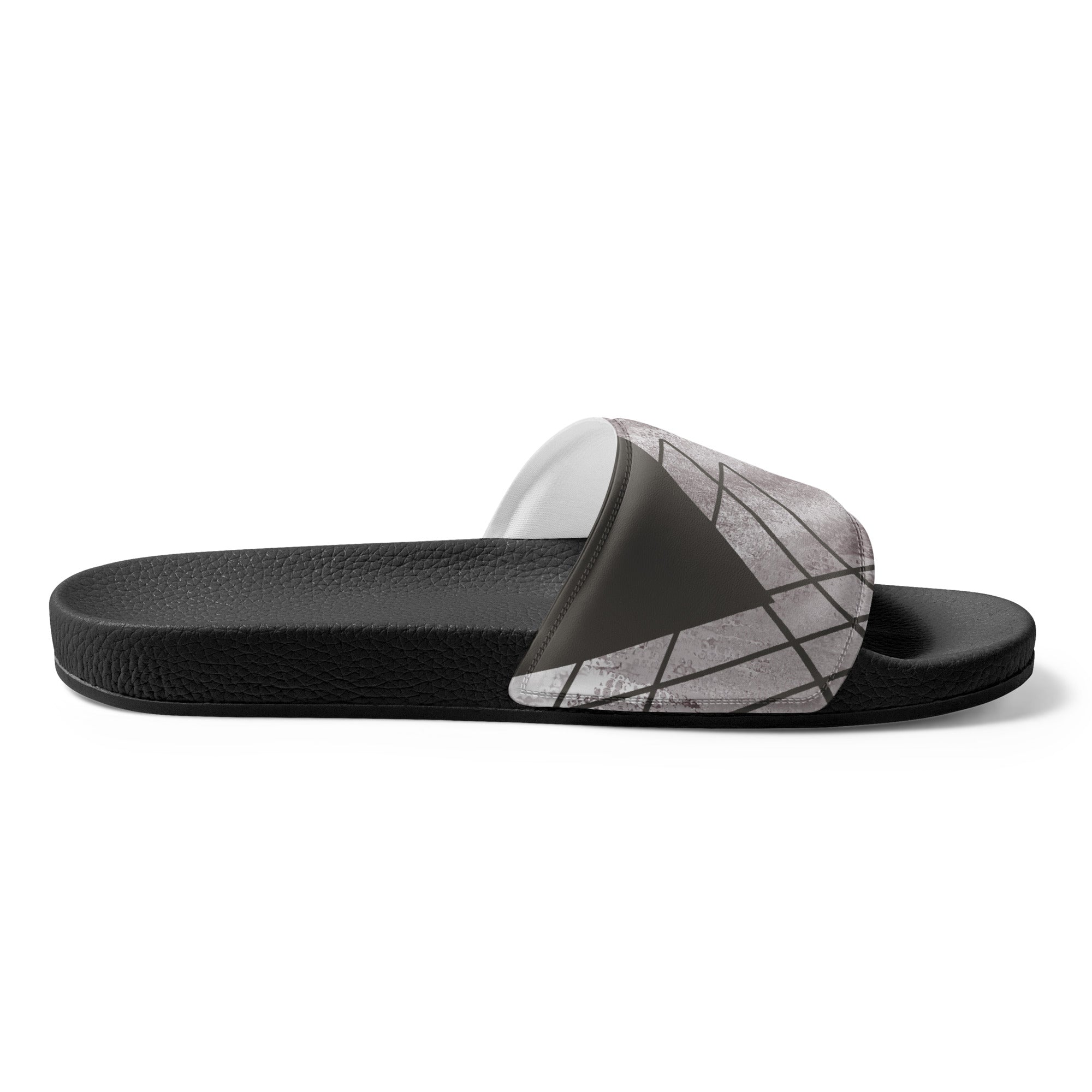 Men's Slide Sandals in Ash Grey and White with a triangular colorblock design, featuring a cushioned upper strap and textured footbed.