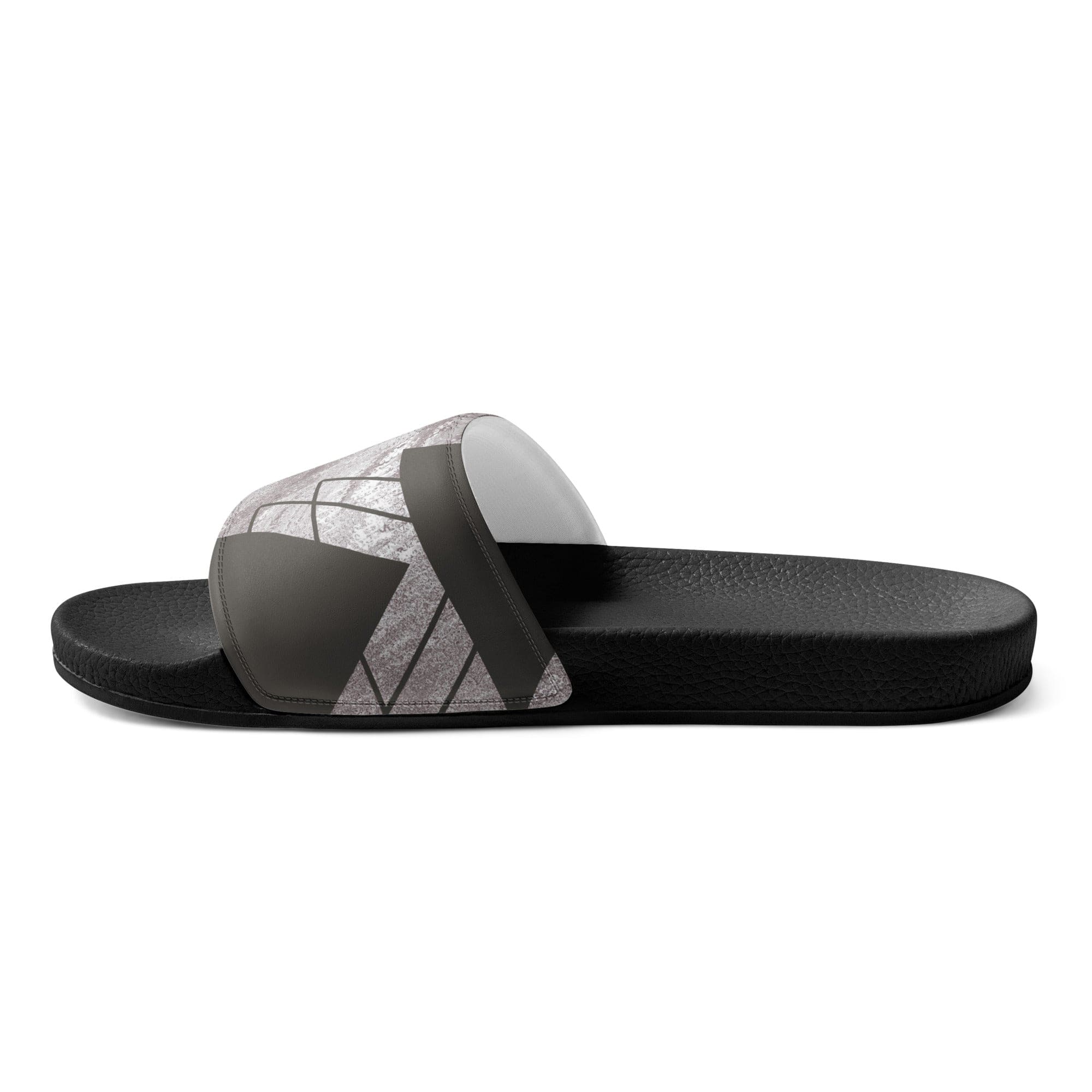 Men's Slide Sandals in Ash Grey and White with a triangular colorblock design, featuring a cushioned upper strap and textured footbed.