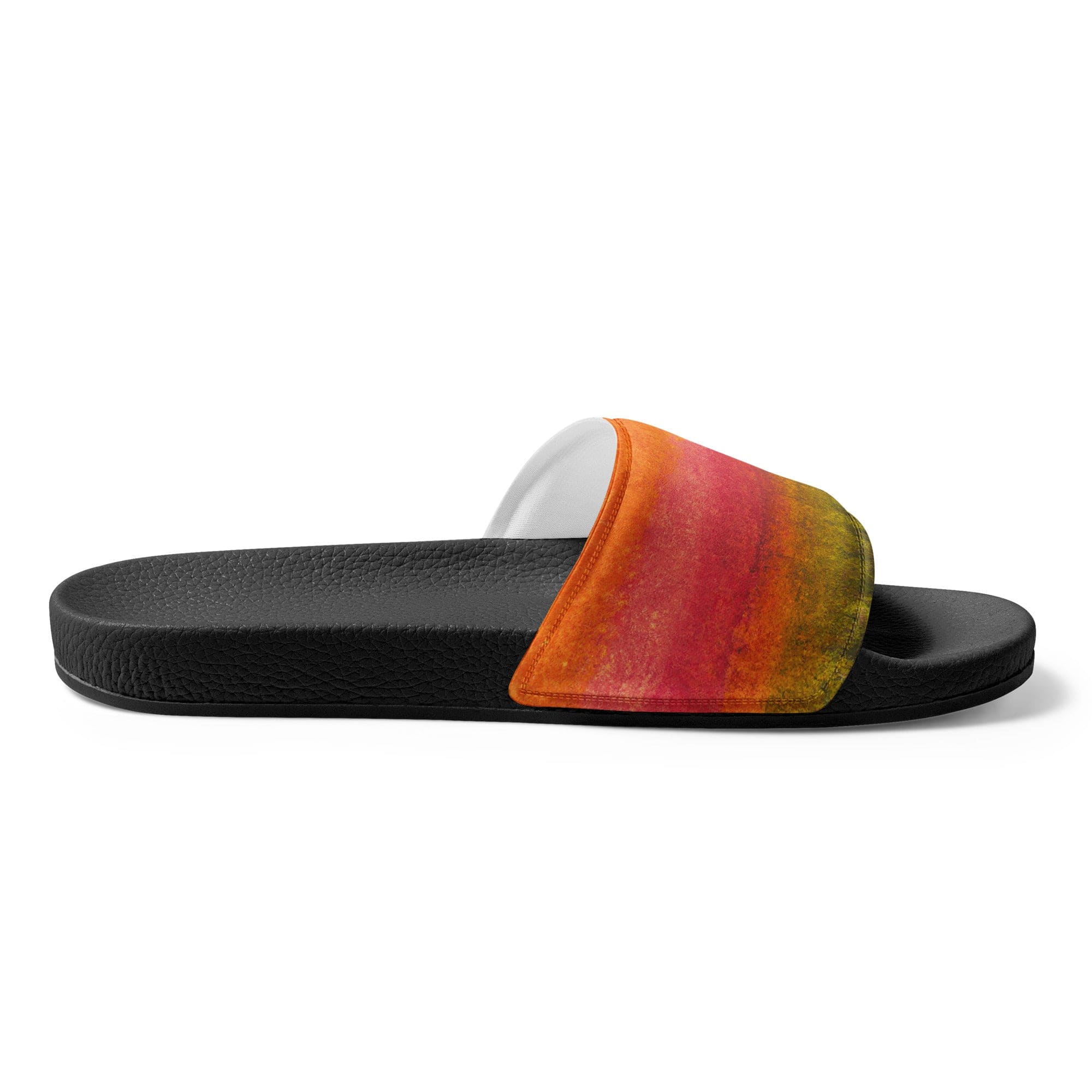 Men's slide sandals with Autumn Fall Watercolor Abstract Print, featuring cushioned straps and textured footbed.