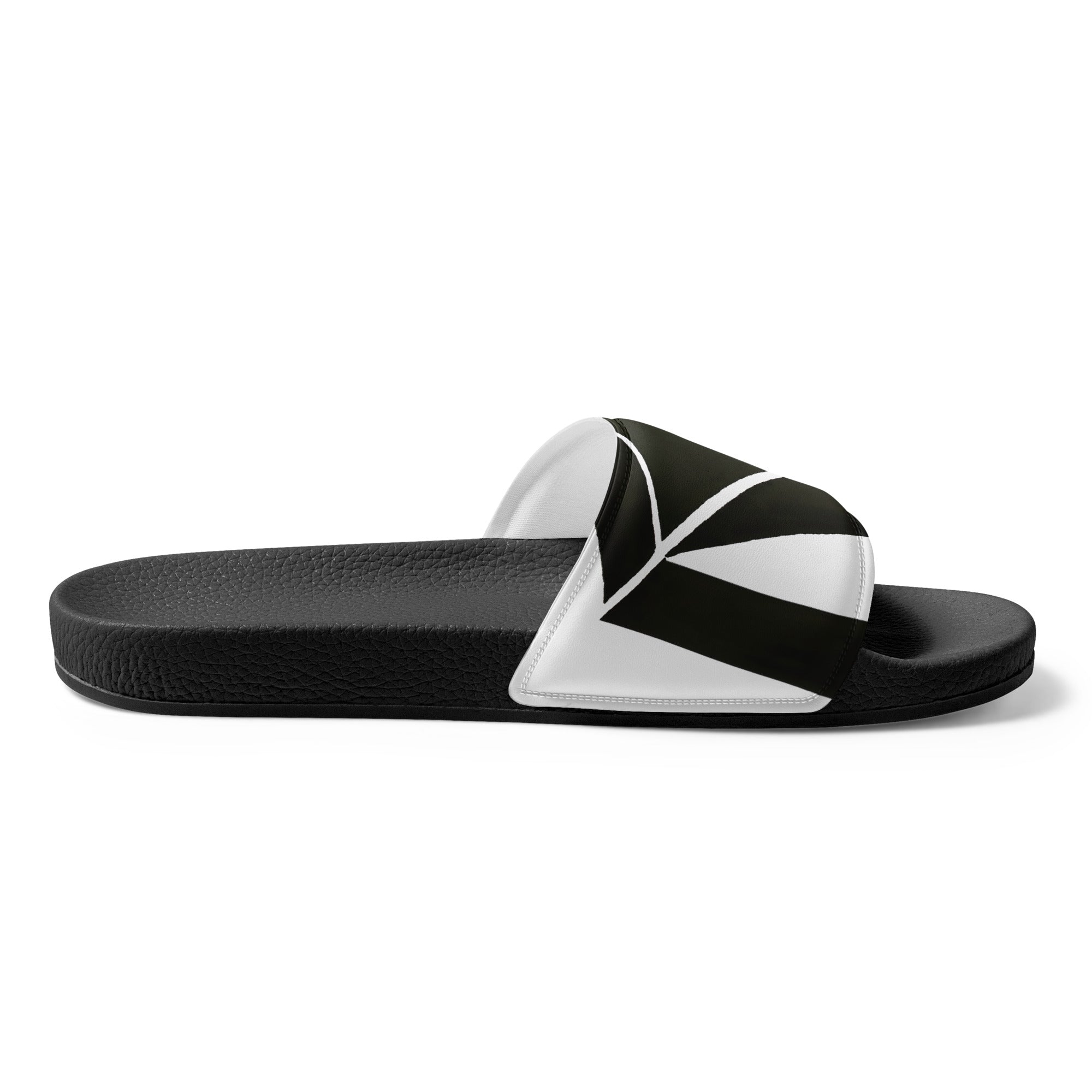 Men's slide sandals featuring a black and white geometric pattern, designed for comfort and style during summer activities.