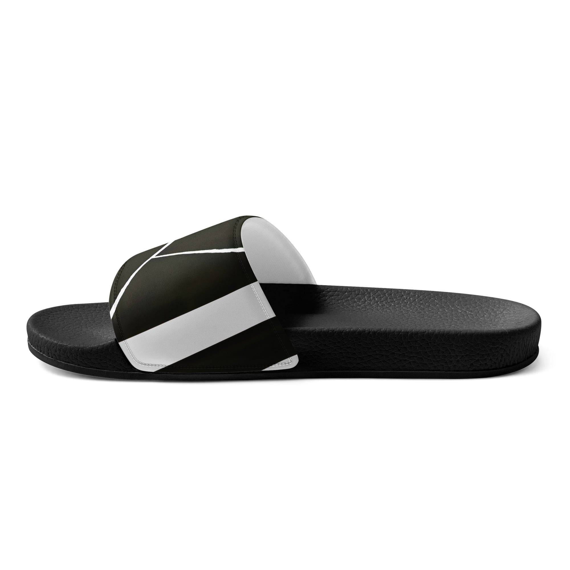 Men's slide sandals featuring a black and white geometric pattern, designed for comfort and style during summer activities.