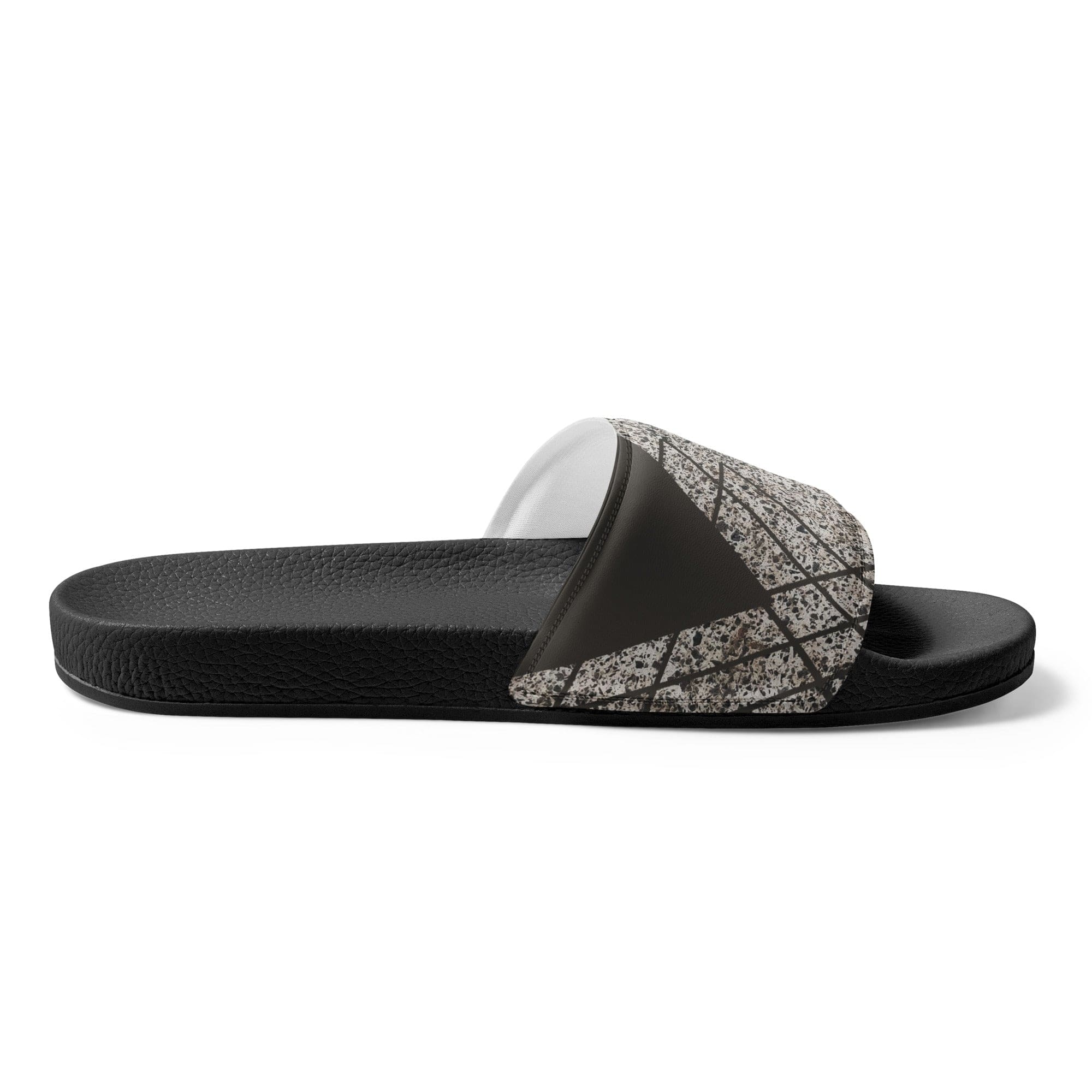 Men's slide sandals featuring a brown and white triangular colorblock design, cushioned upper strap, and textured footbed.