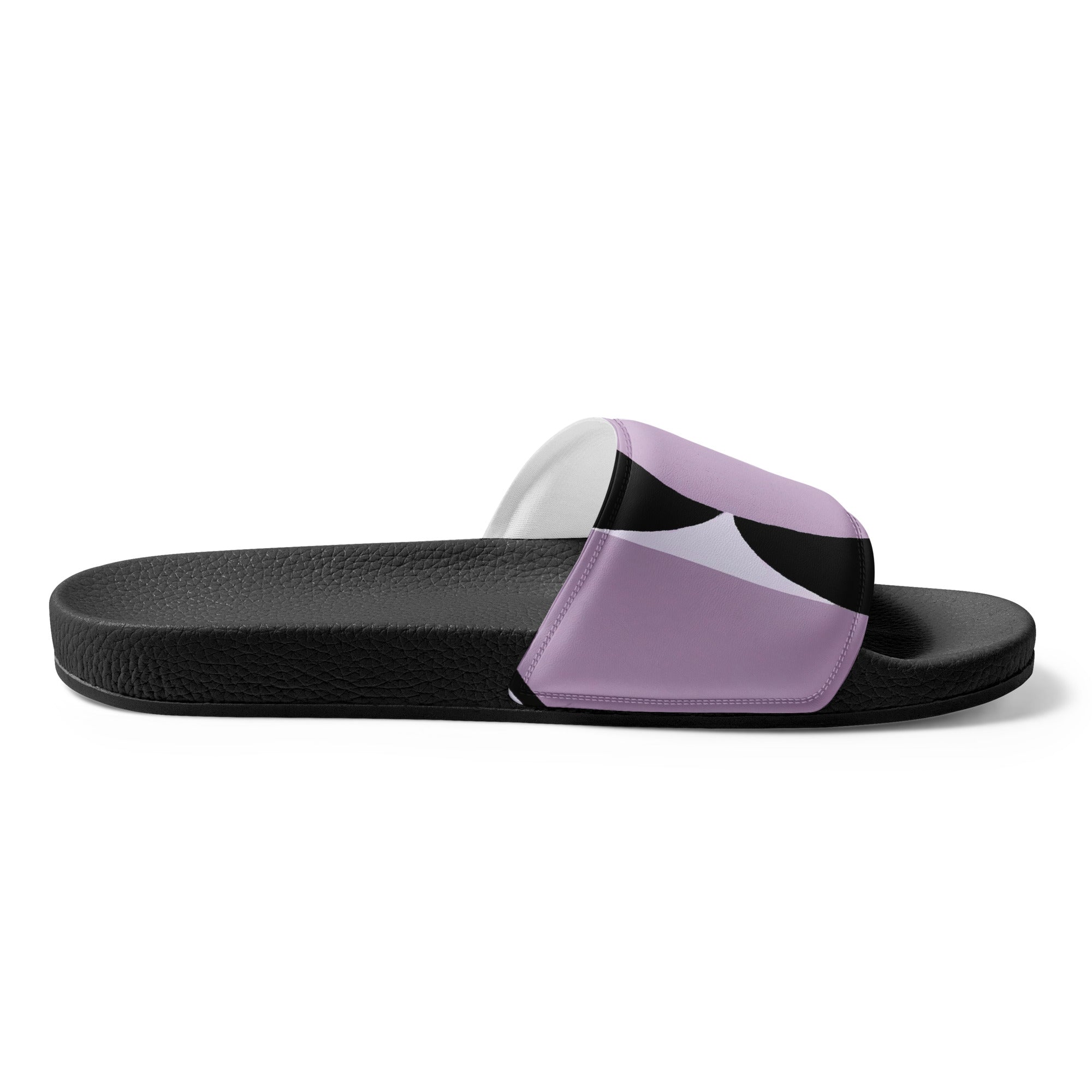 Men's slide sandals featuring a geometric lavender and black pattern, designed for comfort and style during summer activities.