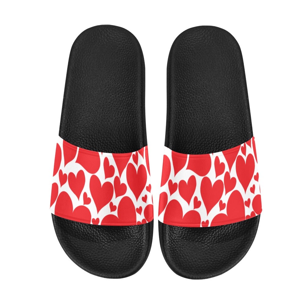 Men's Slide Sandals featuring a vibrant Love Red Hearts design, showcasing a slip-on style with a cushioned sole.