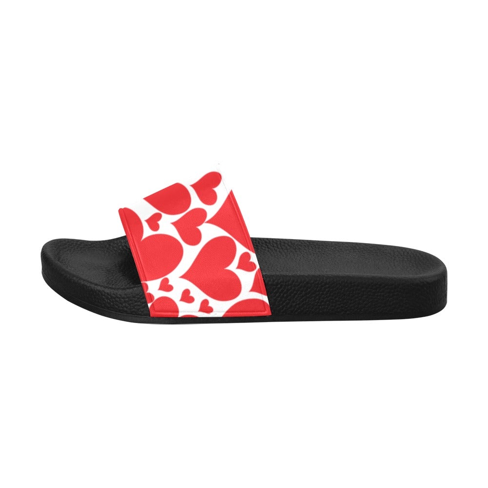 Men's Slide Sandals featuring a vibrant Love Red Hearts design, showcasing a slip-on style with a cushioned sole.