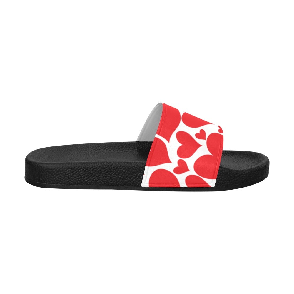 Men's Slide Sandals featuring a vibrant Love Red Hearts design, showcasing a slip-on style with a cushioned sole.