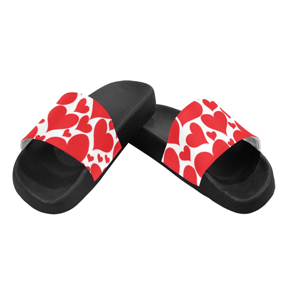 Men's Slide Sandals featuring a vibrant Love Red Hearts design, showcasing a slip-on style with a cushioned sole.