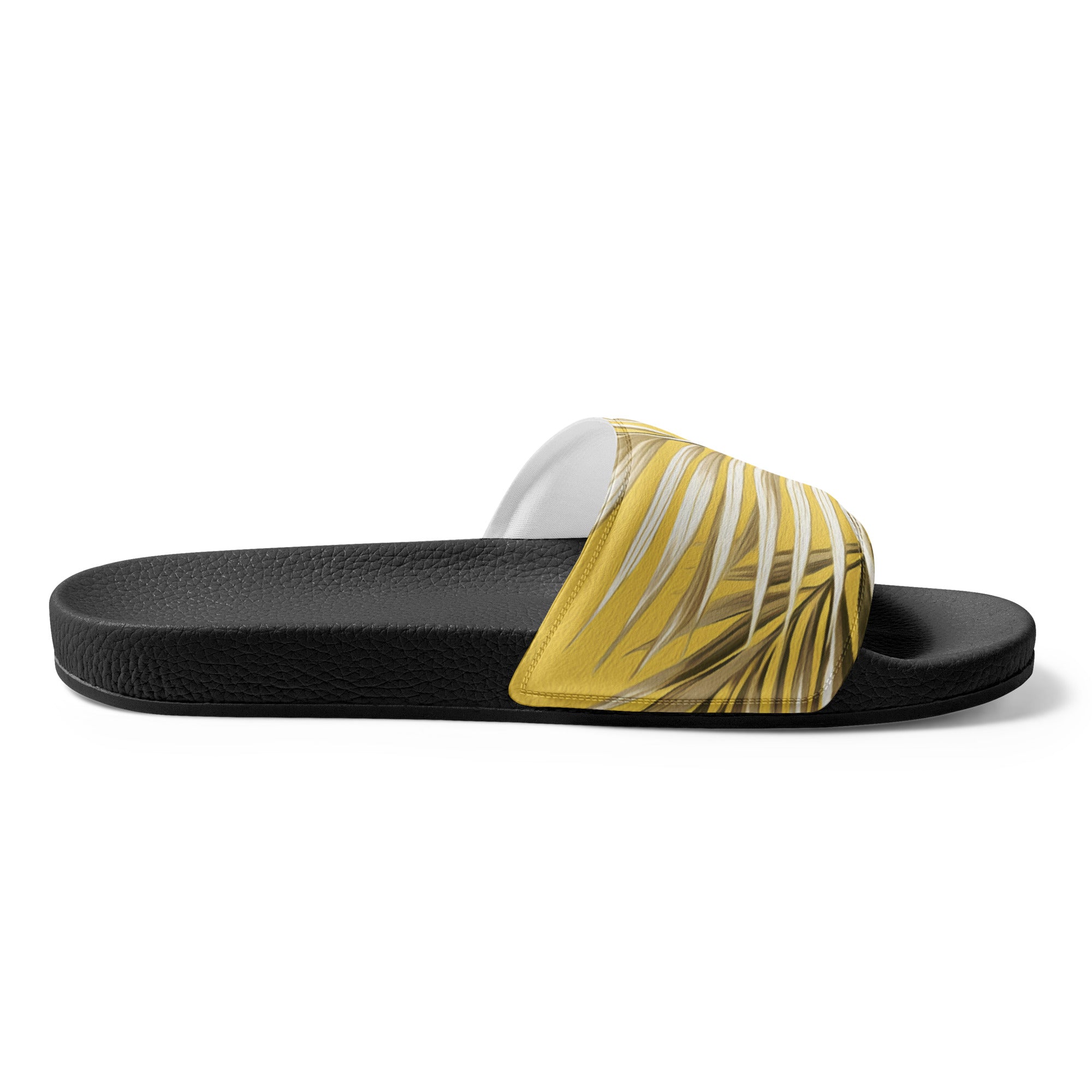 Men's slide sandals featuring a palm tree design with brown and white leaves on a yellow background, perfect for summer wear.