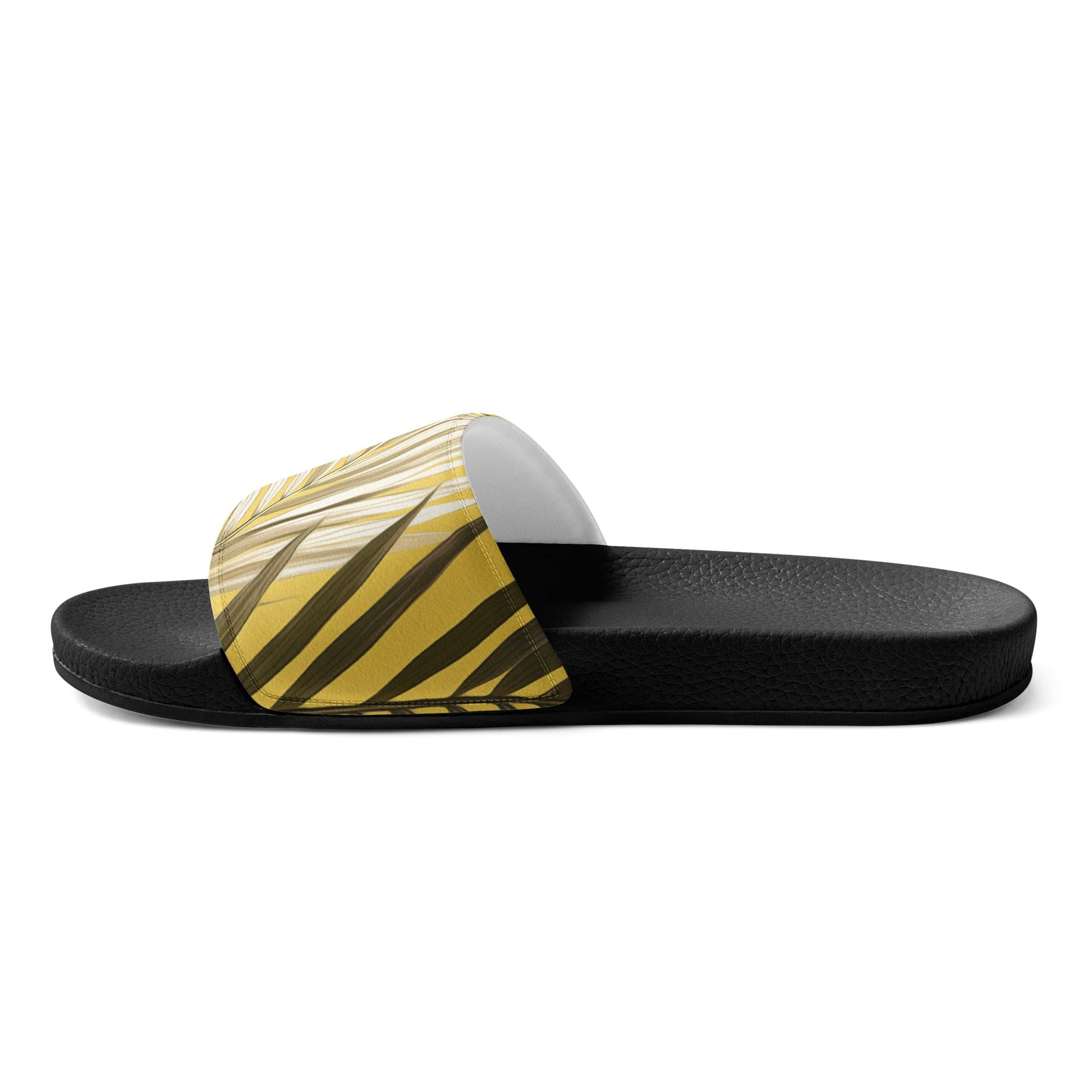 Men's slide sandals featuring a palm tree design with brown and white leaves on a yellow background, perfect for summer wear.