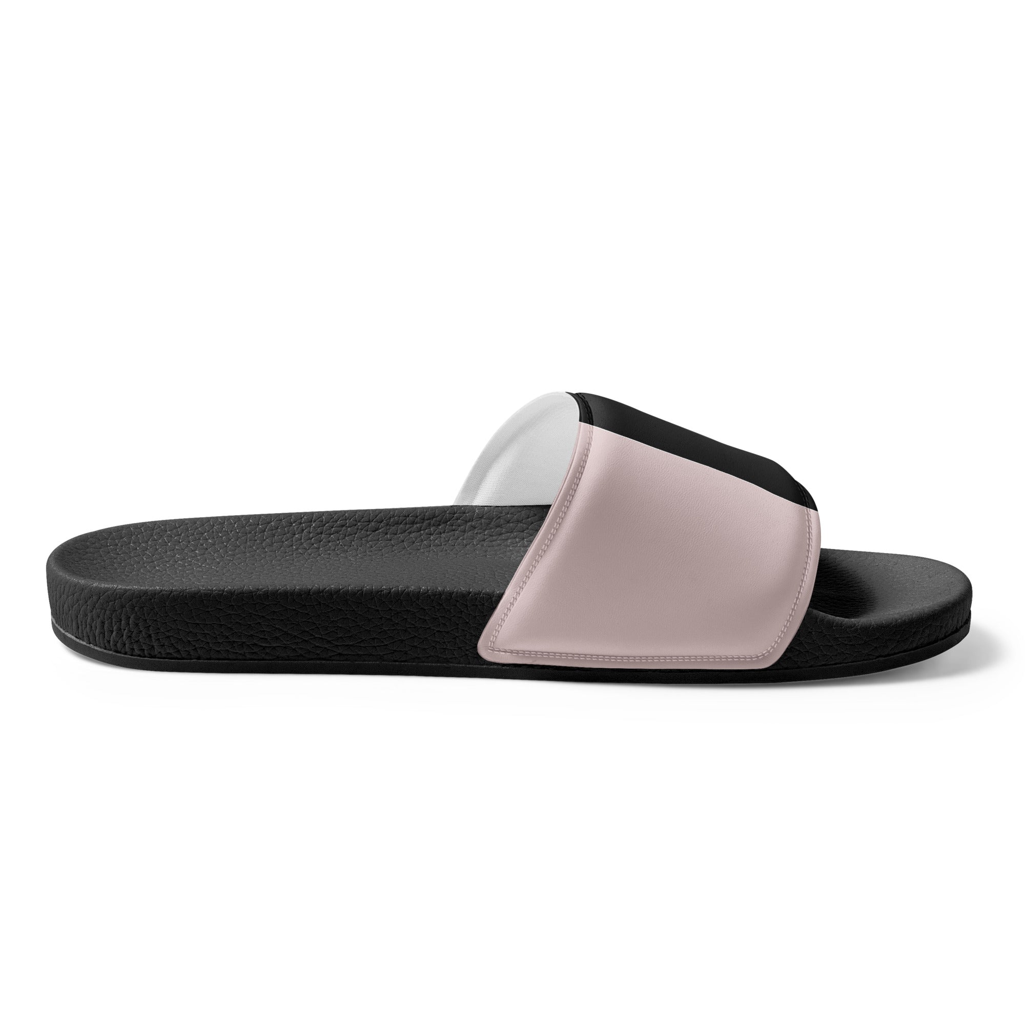 Men's Slide Sandals in pastel colorblock design featuring pink, black, and blue, showcasing cushioned upper strap and textured footbed.