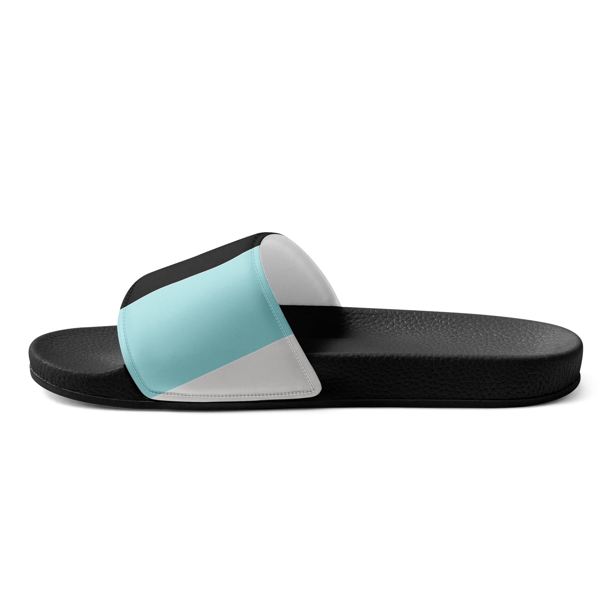 Men's Slide Sandals in pastel colorblock design featuring pink, black, and blue, showcasing cushioned upper strap and textured footbed.