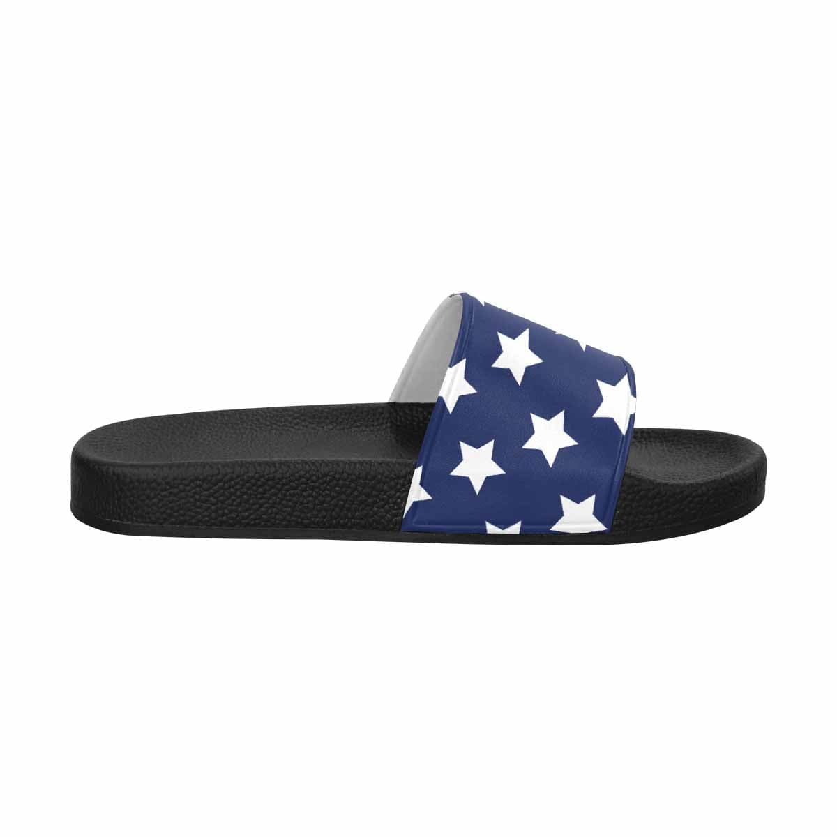 Men's slide sandals featuring a vibrant stars and stripes print, designed for comfort and style.