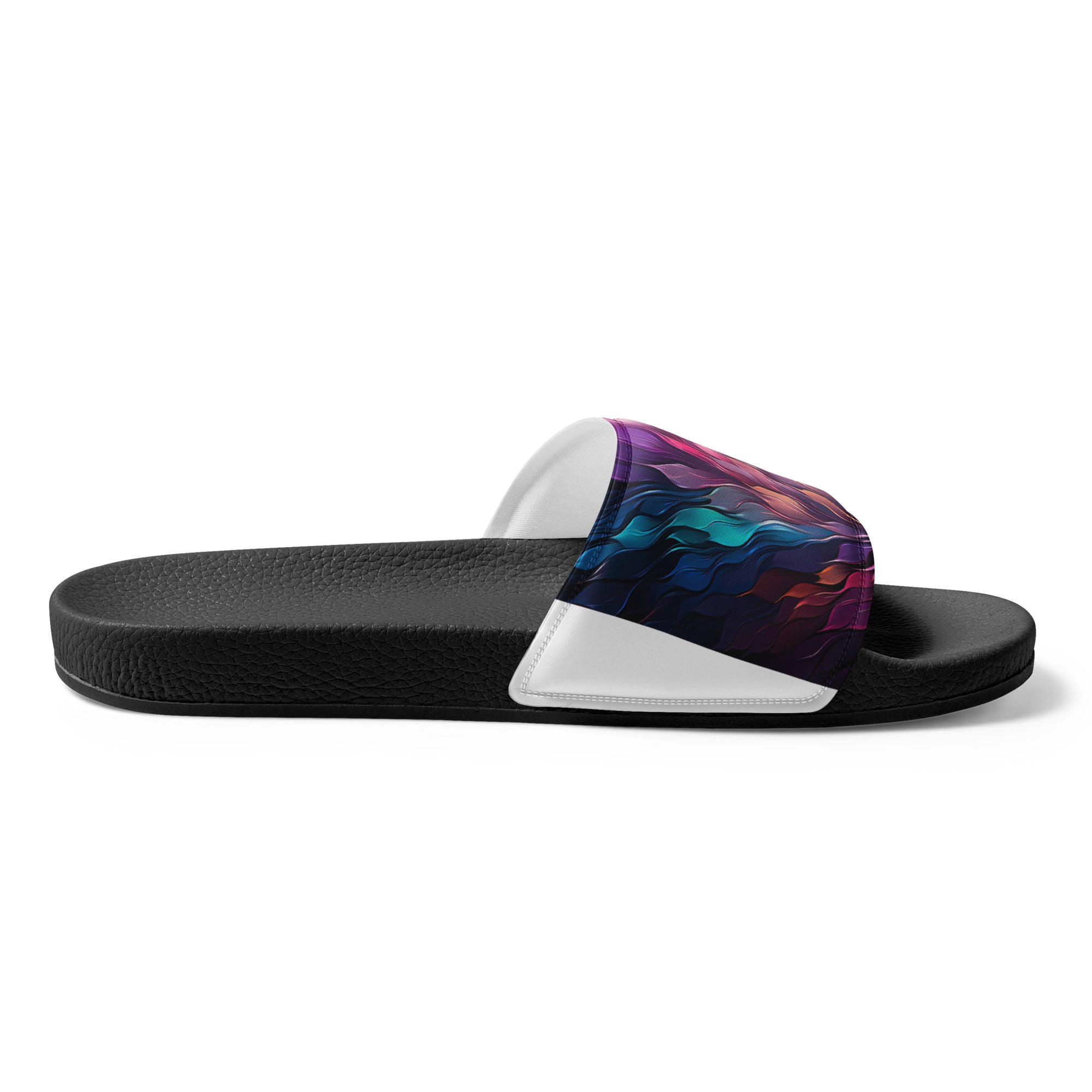 Men's slides featuring a trippy multicolor geometric leaves design, showcasing a cushioned upper strap and textured footbed.