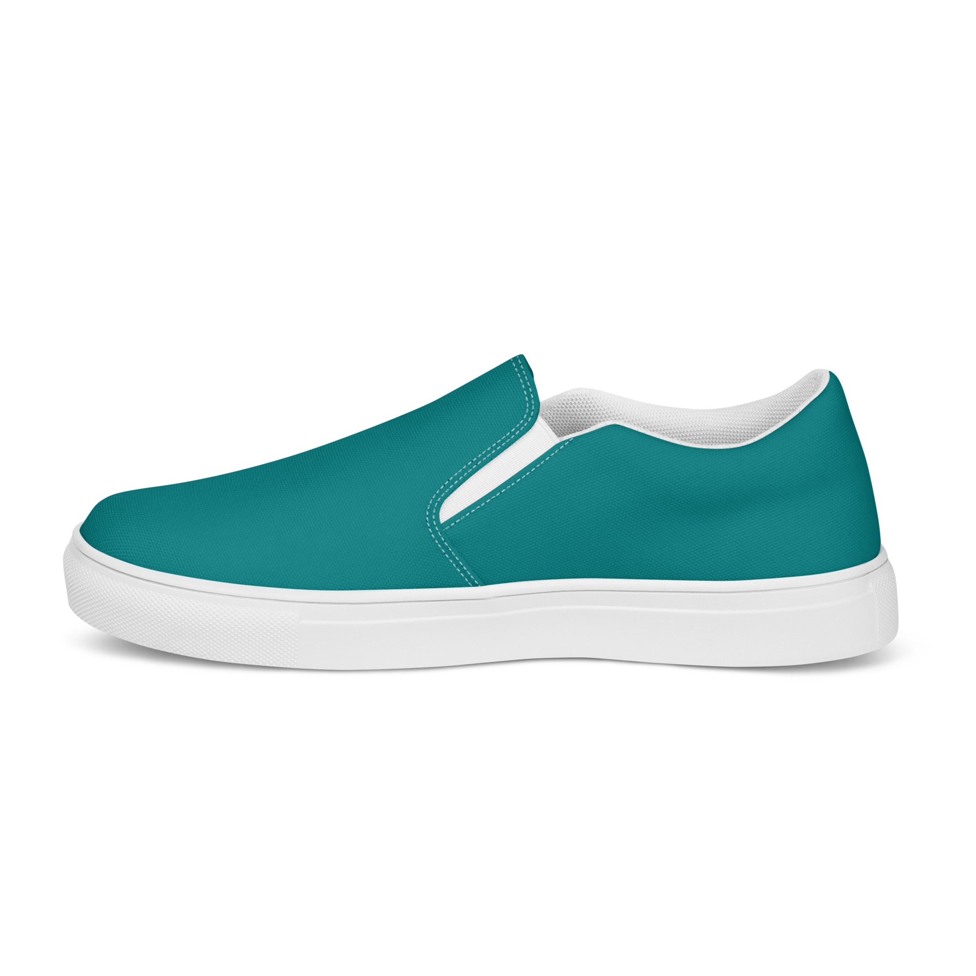 Men's slip-on canvas shoes in dark teal green with elastic side goring and rubber outsole, perfect for casual wear.