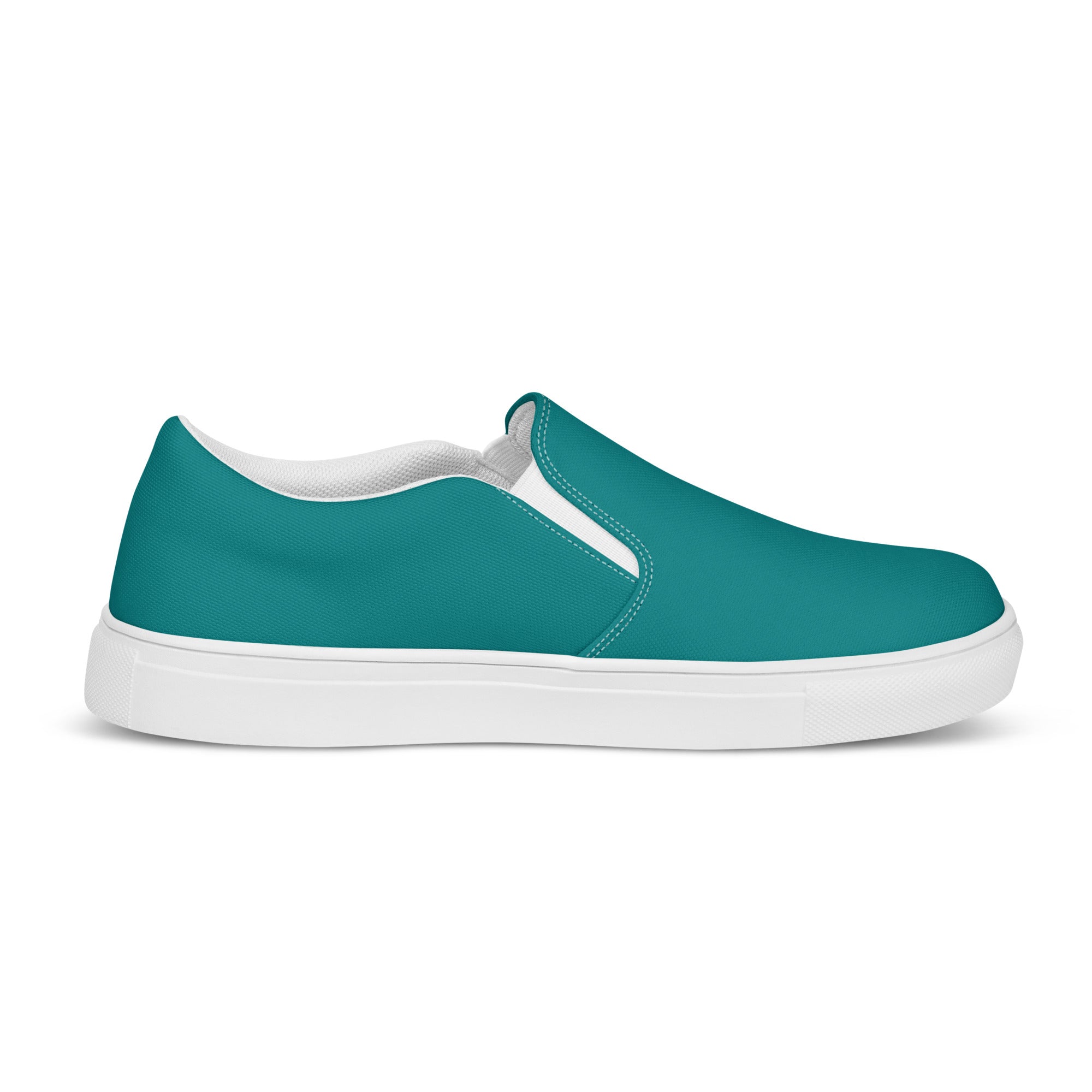 Men's slip-on canvas shoes in dark teal green with elastic side goring and rubber outsole, perfect for casual wear.