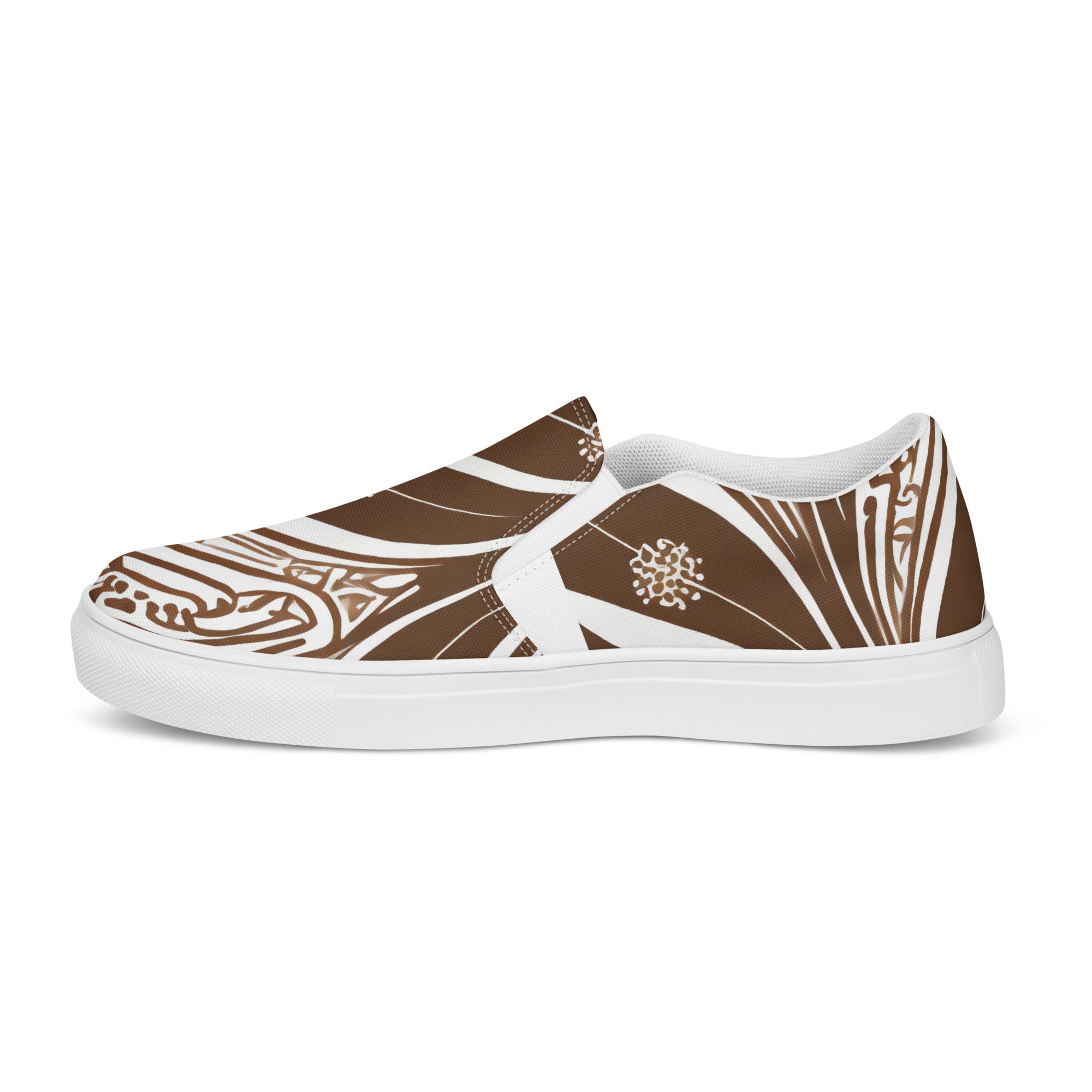 Mens slip-on canvas shoes featuring a floral brown line art print, designed for comfort and style with elastic side goring and durable rubber outsole.