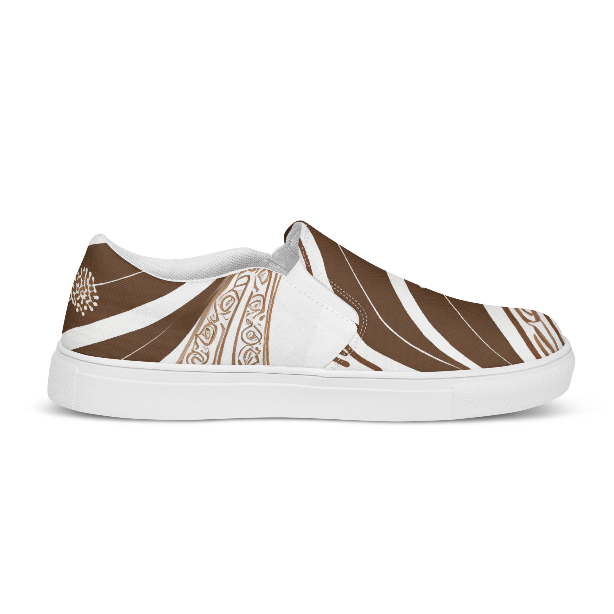 Mens slip-on canvas shoes featuring a floral brown line art print, designed for comfort and style with elastic side goring and durable rubber outsole.