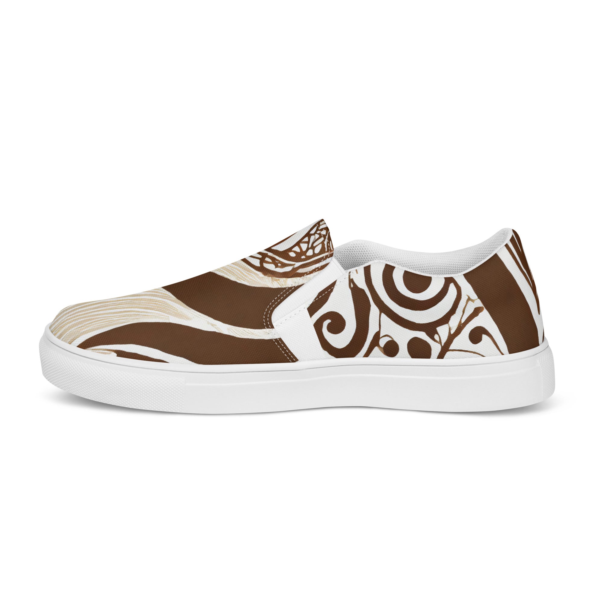 Mens slip-on canvas shoes featuring a floral brown line art print, designed for comfort and style with elastic side goring.