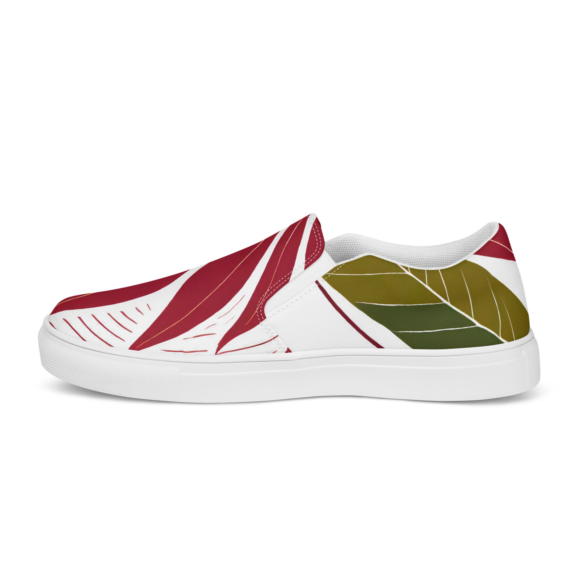 Mens slip-on canvas shoes featuring a floral line art print, designed for comfort and style with elastic side goring and a durable rubber sole.