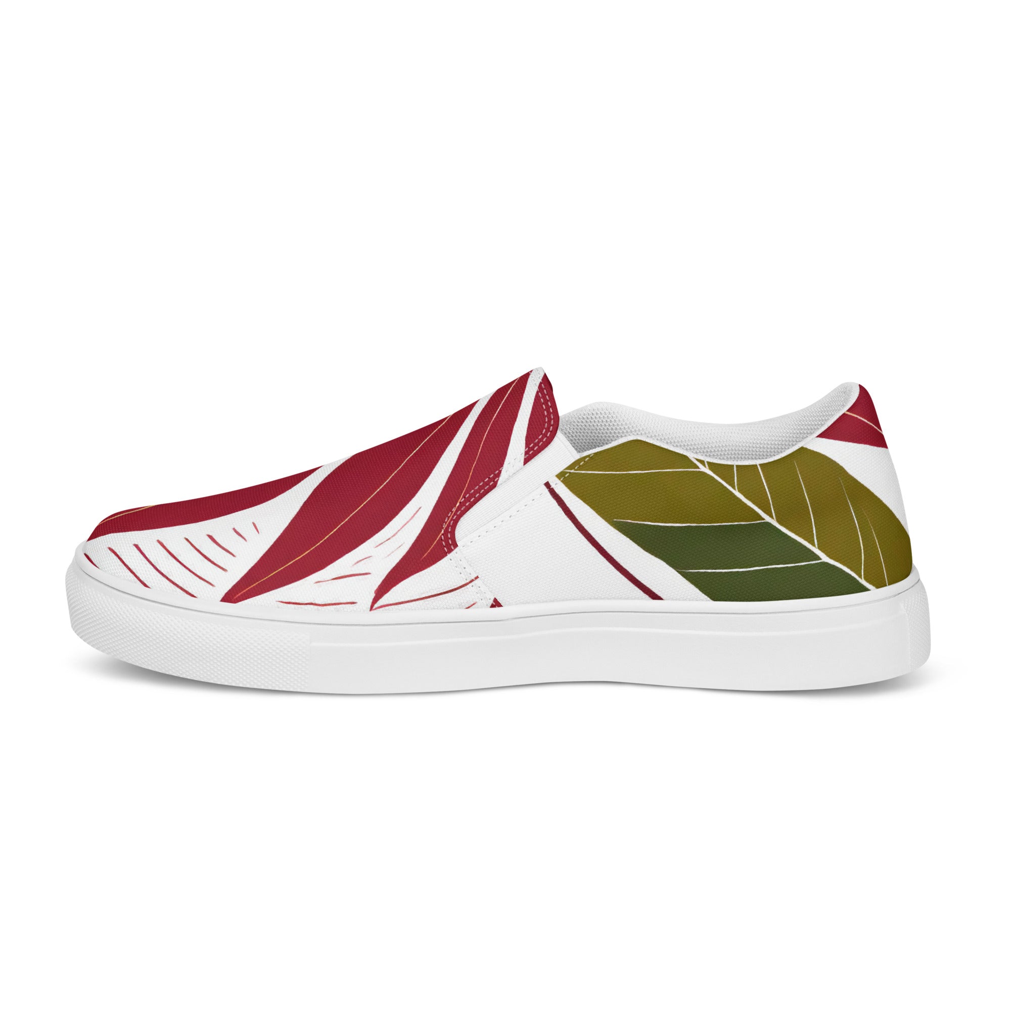 Mens slip-on canvas shoes featuring a floral line art print, designed for comfort and style with elastic side goring and a durable rubber sole.