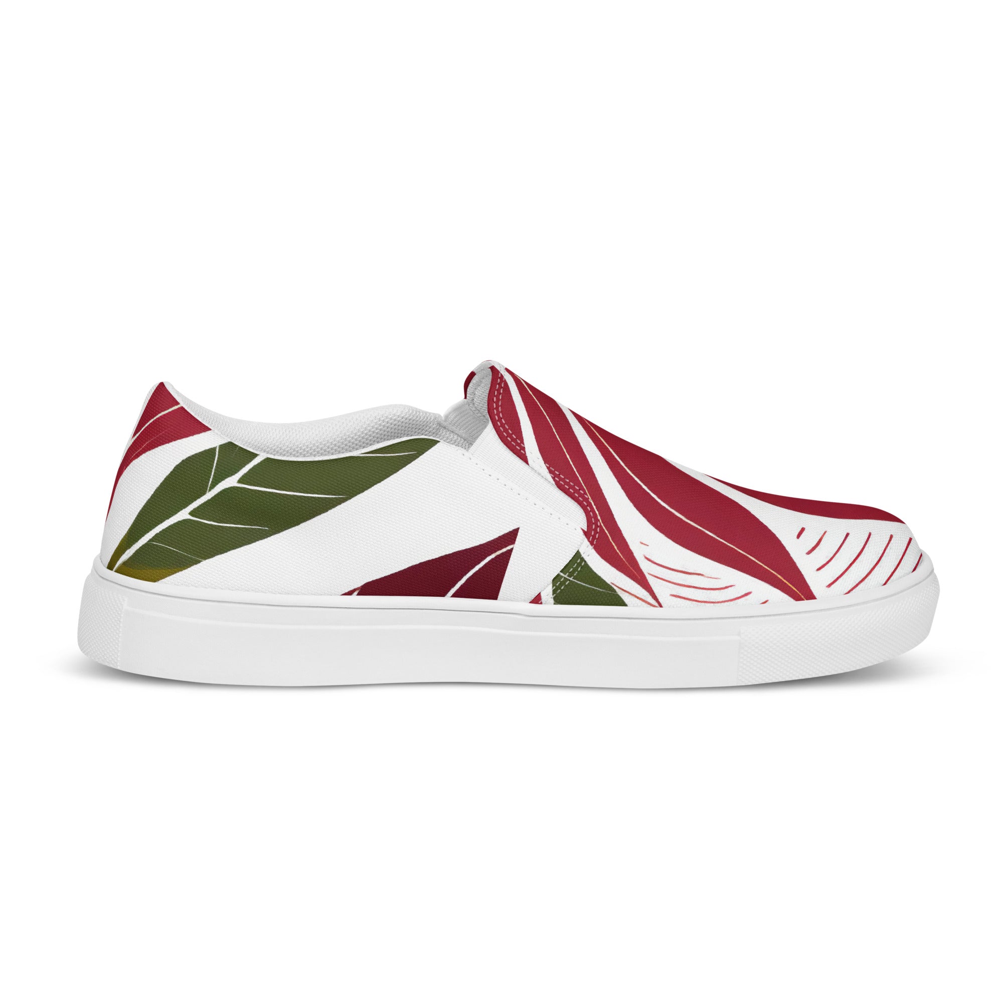 Mens slip-on canvas shoes featuring a floral line art print, designed for comfort and style with elastic side goring and a durable rubber sole.