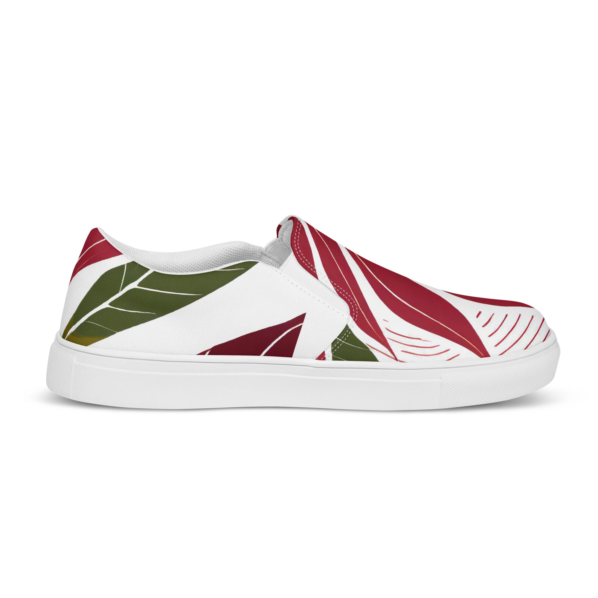 Mens slip-on canvas shoes featuring a floral line art print, designed for comfort and style with elastic side goring and a durable rubber sole.