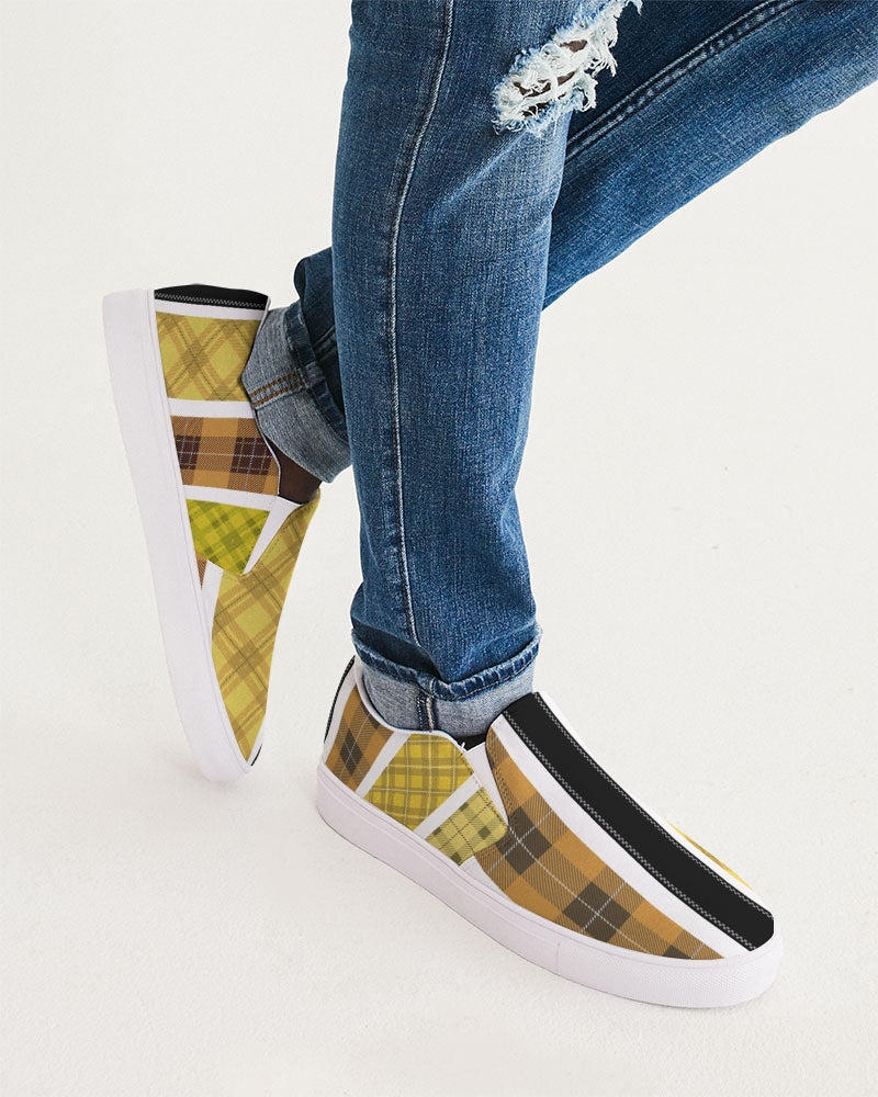 Men's slip-on canvas sneakers featuring a yellow and black tartan pattern, designed for comfort and style.