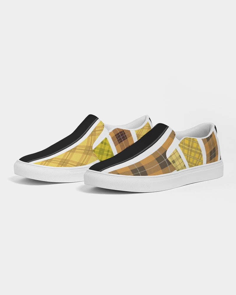 Men's slip-on canvas sneakers featuring a yellow and black tartan pattern, designed for comfort and style.