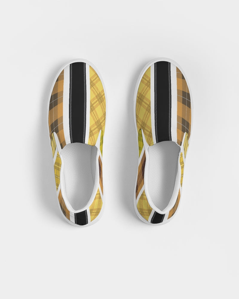 Men's slip-on canvas sneakers featuring a yellow and black tartan pattern, designed for comfort and style.