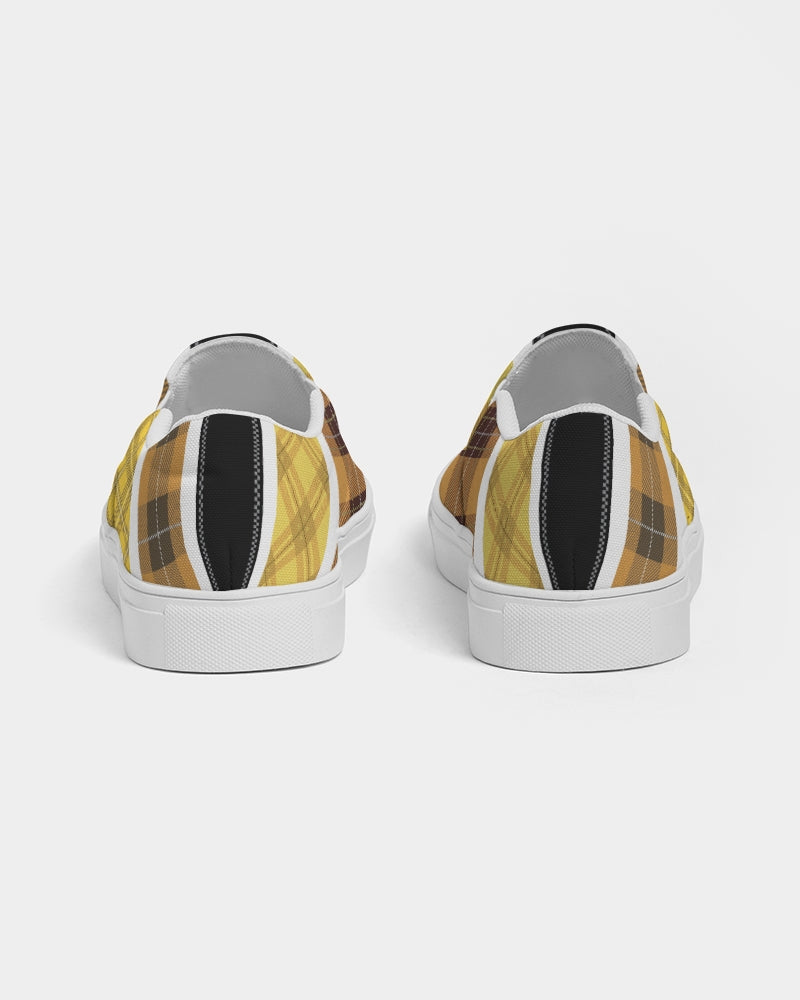 Men's slip-on canvas sneakers featuring a yellow and black tartan pattern, designed for comfort and style.