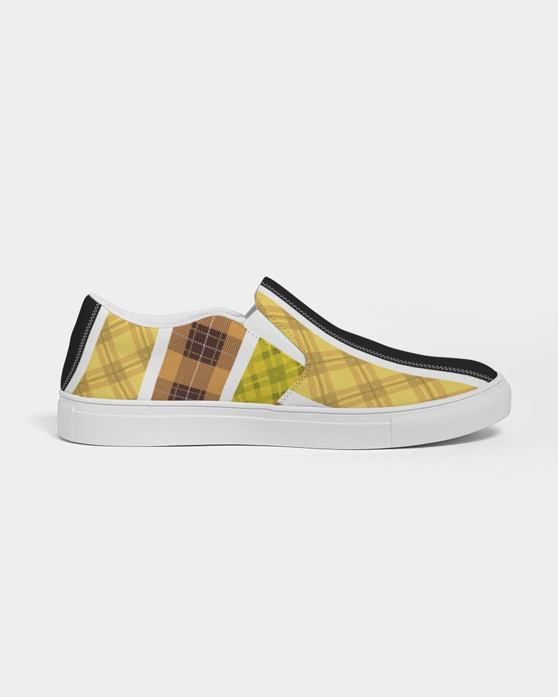 Men's slip-on canvas sneakers featuring a yellow and black tartan pattern, designed for comfort and style.