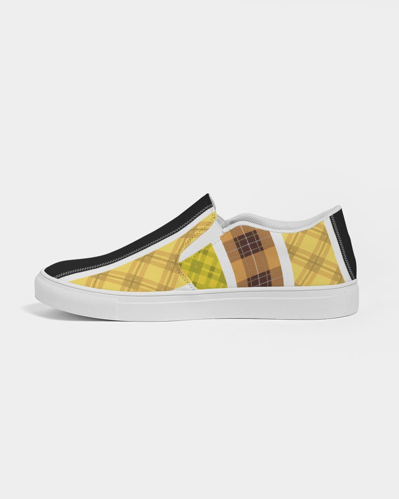 Men's slip-on canvas sneakers featuring a yellow and black tartan pattern, designed for comfort and style.