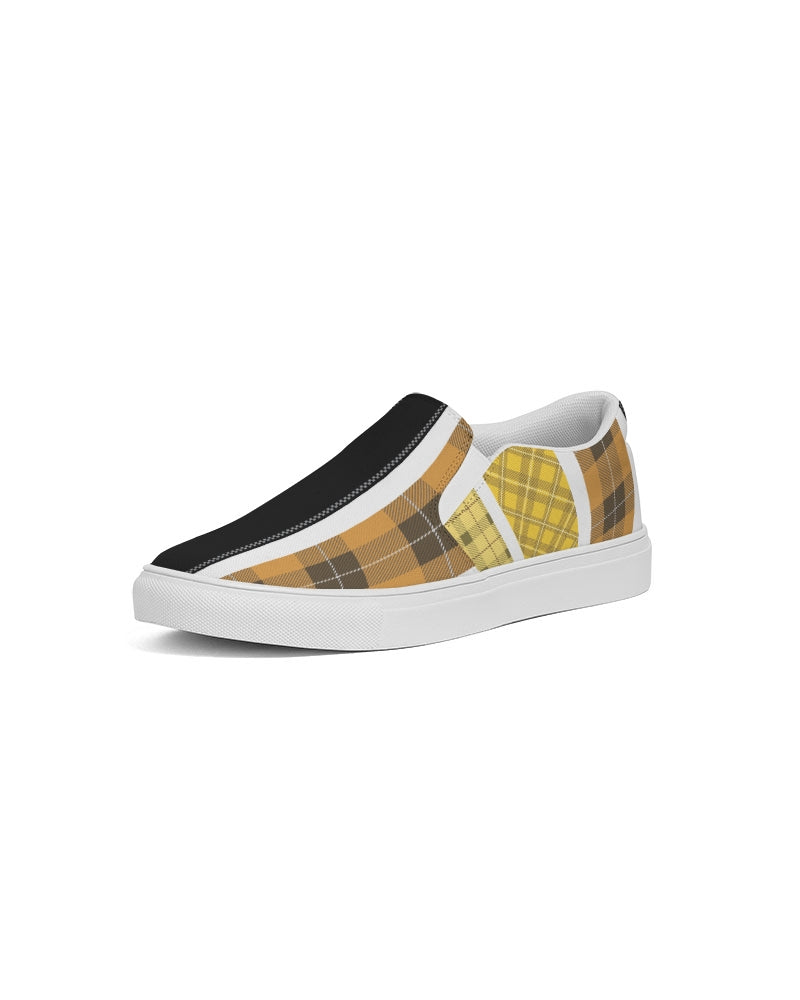 Men's slip-on canvas sneakers featuring a yellow and black tartan pattern, designed for comfort and style.