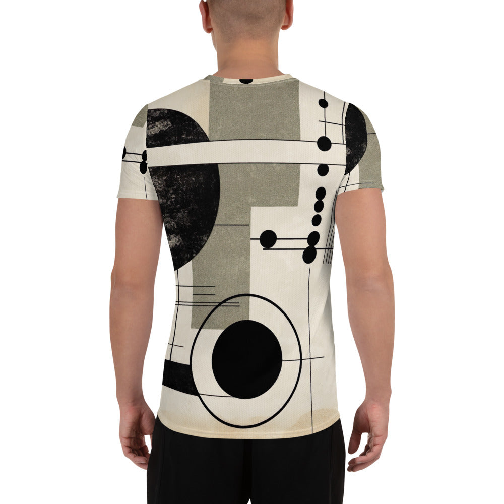 Men's Stretch Fit Athletic Sports T-shirt featuring an abstract design in black, beige, and brown geometric shapes, ideal for workouts.