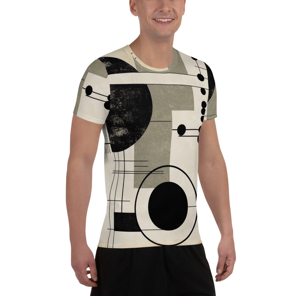 Men's Stretch Fit Athletic Sports T-shirt featuring an abstract design in black, beige, and brown geometric shapes, ideal for workouts.