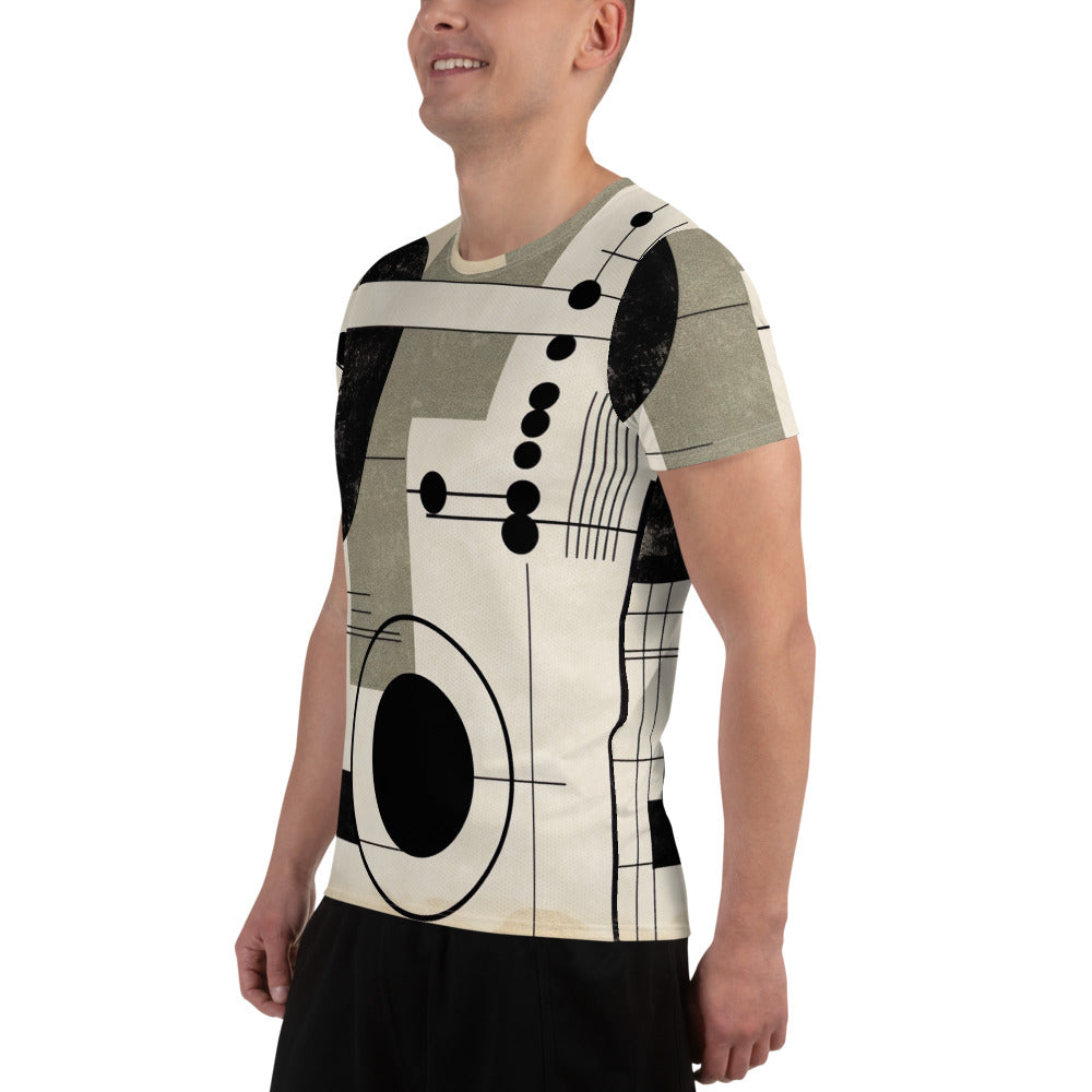 Men's Stretch Fit Athletic Sports T-shirt featuring an abstract design in black, beige, and brown geometric shapes, ideal for workouts.