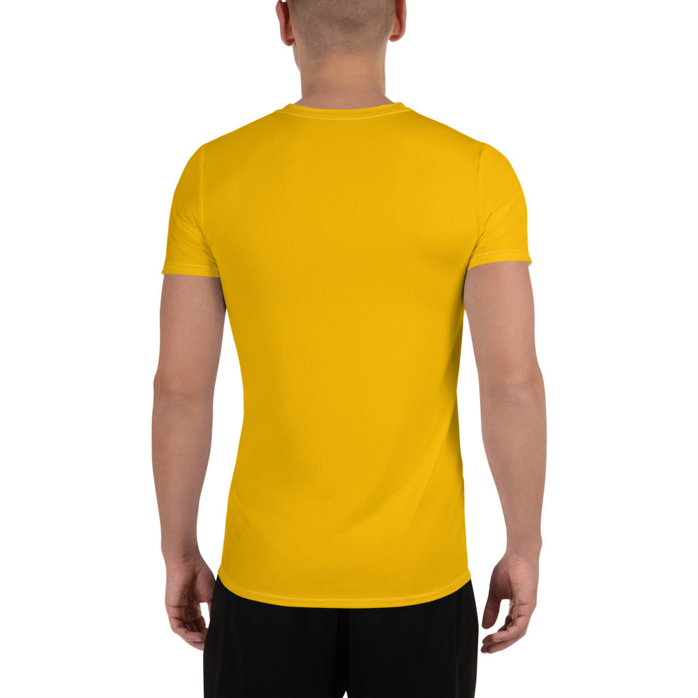 Men's Stretch Fit Athletic Sports T-shirt in Golden Yellow, showcasing its flexible fit and moisture-wicking fabric, ideal for workouts.