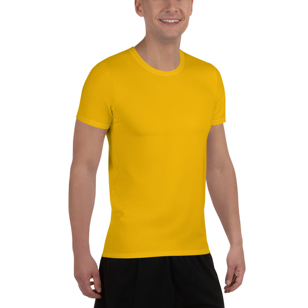 Men's Stretch Fit Athletic Sports T-shirt in Golden Yellow, showcasing its flexible fit and moisture-wicking fabric, ideal for workouts.