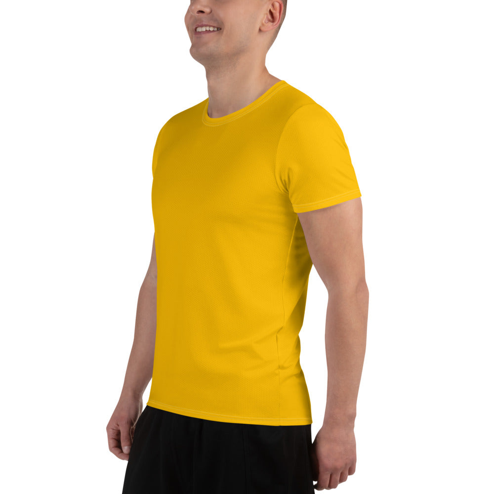 Men's Stretch Fit Athletic Sports T-shirt in Golden Yellow, showcasing its flexible fit and moisture-wicking fabric, ideal for workouts.