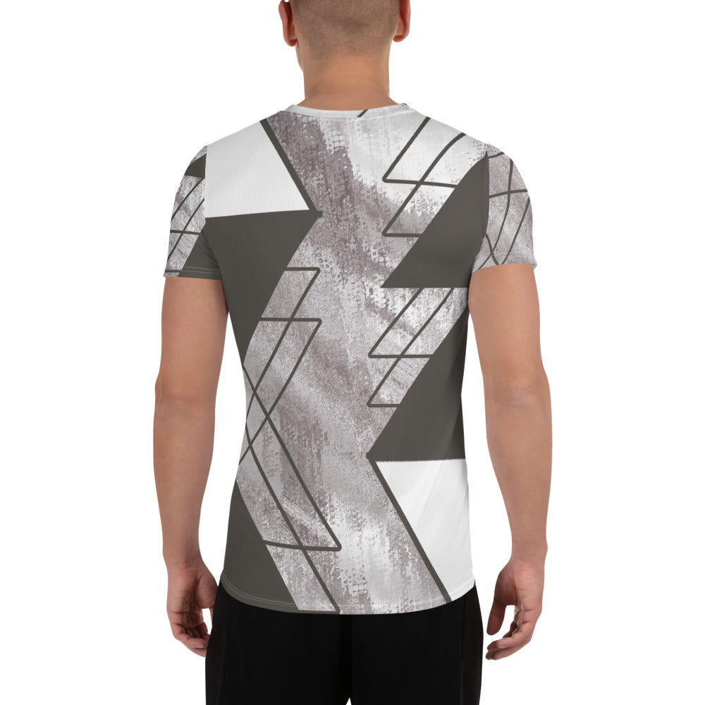 Men's Stretch Fit Athletic Sports T-shirt in Ash Grey and White with a triangular colorblock design, showcasing its flexible fit and moisture-wicking fabric.