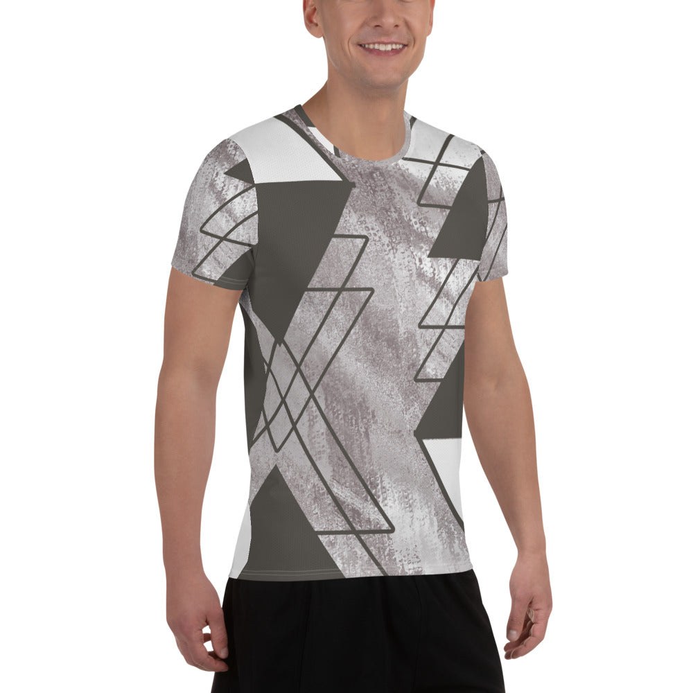 Men's Stretch Fit Athletic Sports T-shirt in Ash Grey and White with a triangular colorblock design, showcasing its flexible fit and moisture-wicking fabric.